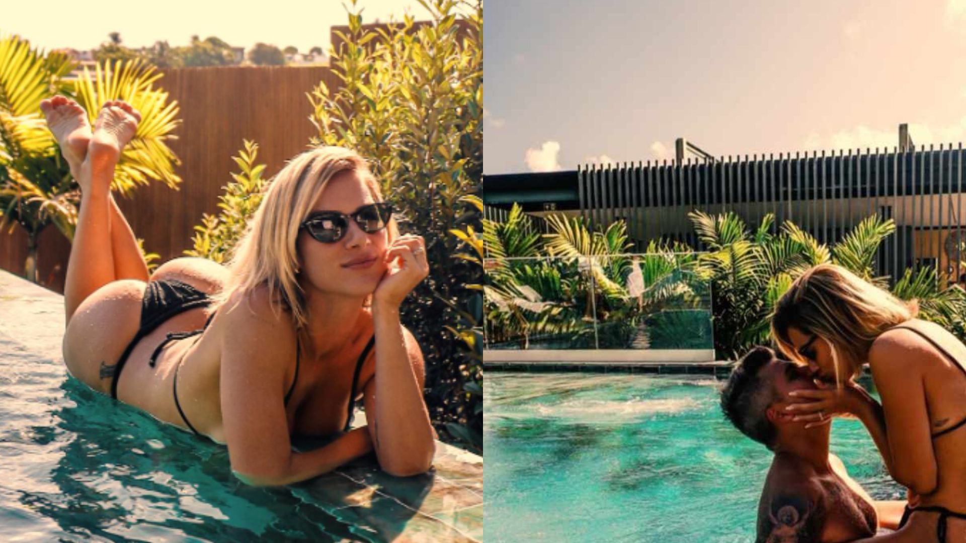 Aos beijos, Giovanna Ewbank e Bruno Gagliasso posam no pôr do sol de Noronha