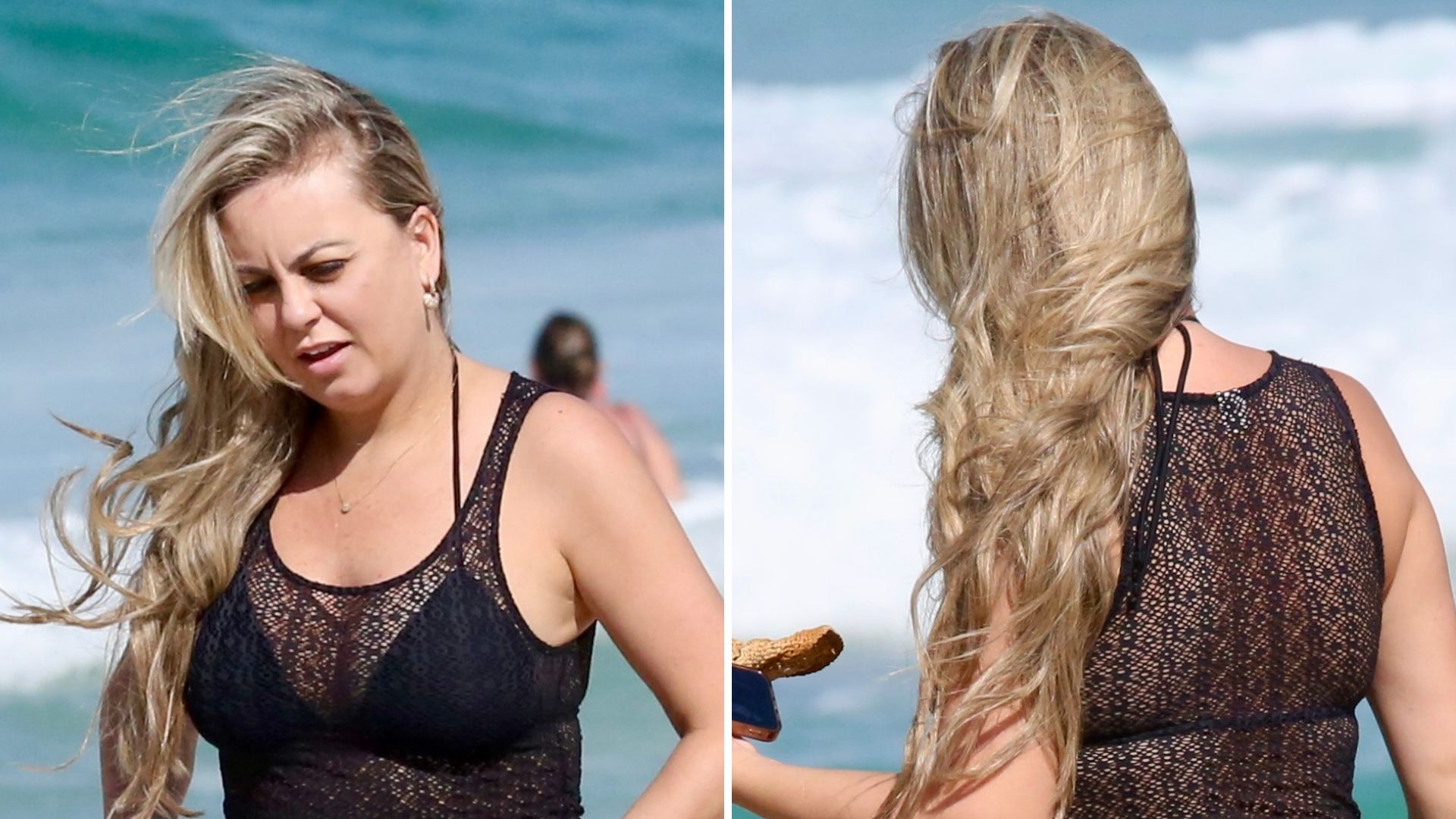 Olha o que perdeu! Ex de Liminha vai à praia com biquíni fio-dental e esbanja beleza
