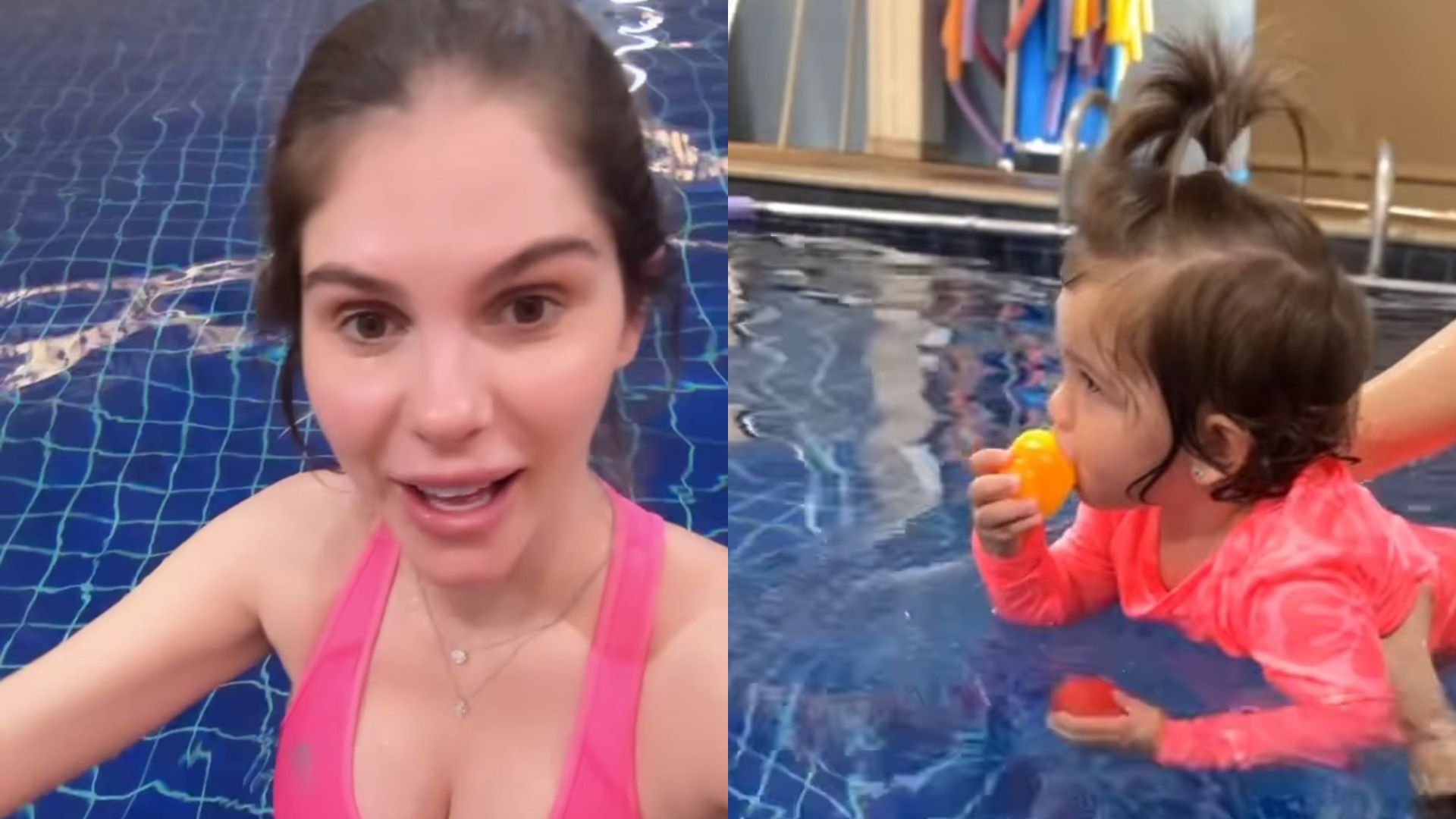 De barrigão, Bárbara Evans ajuda a filha em aula de natação: “Não fica sem”