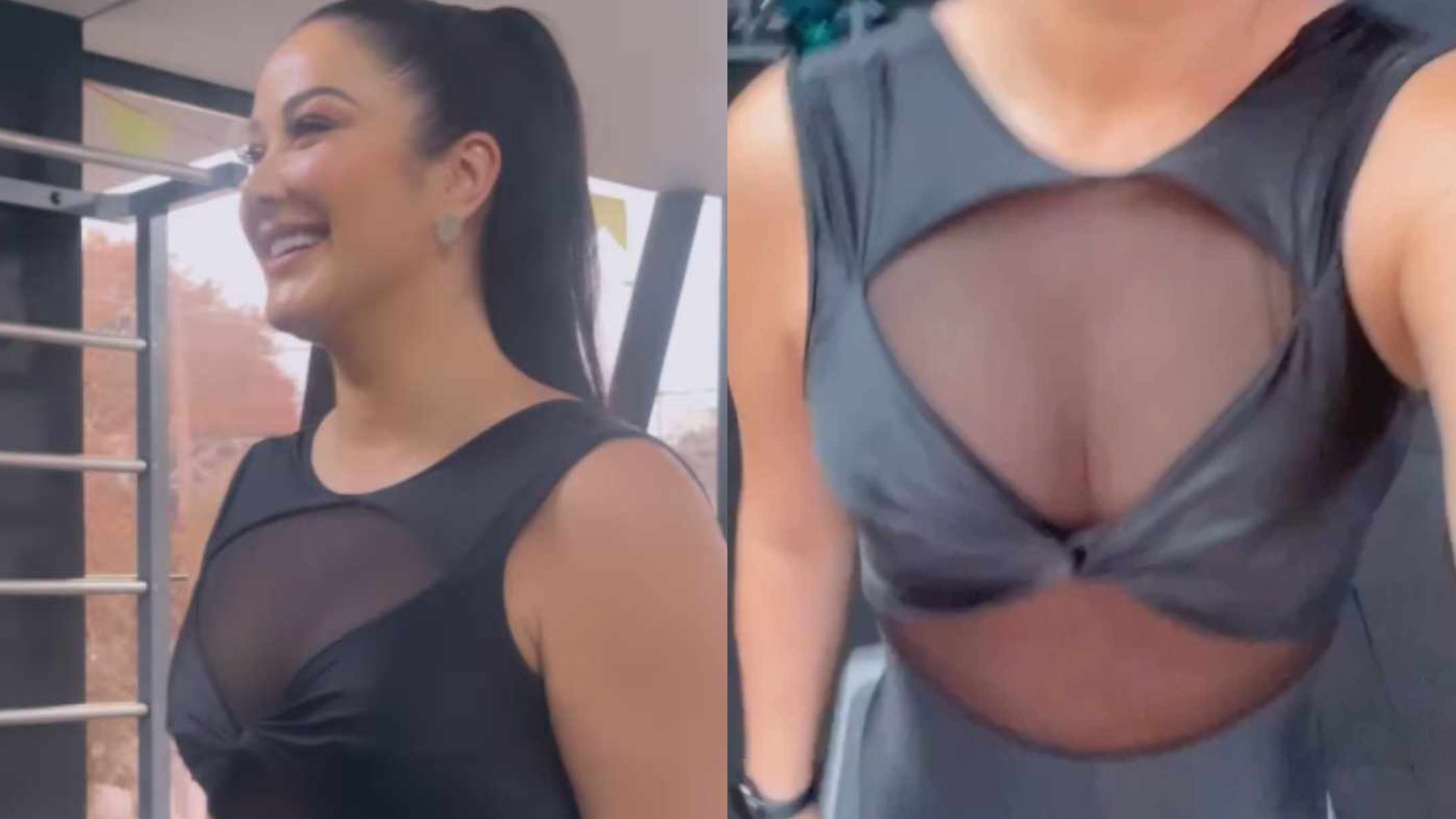 Helen Ganzarolli impressiona ao surgir treinando de look transparente