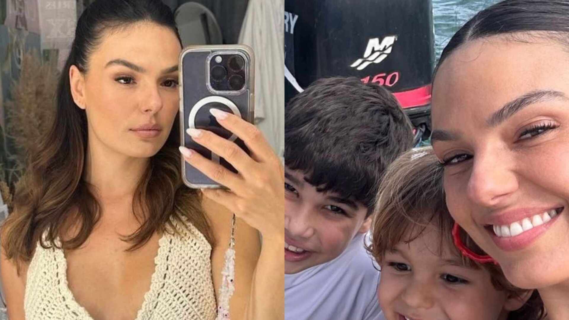 Com os enteados e o filho, Isis Valverde curte passeio de barco