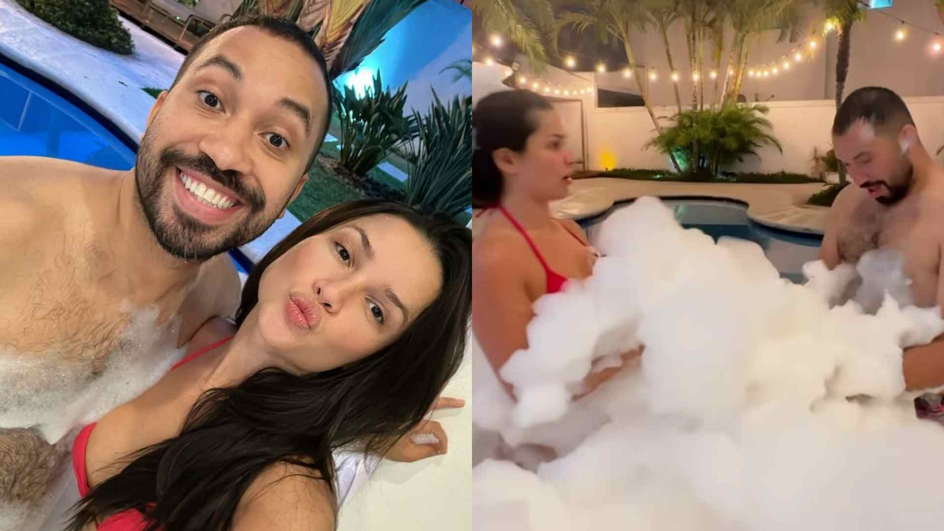 Juliette brinca de ‘torta na cara’ com Gil do Vigor em banheira de espuma
