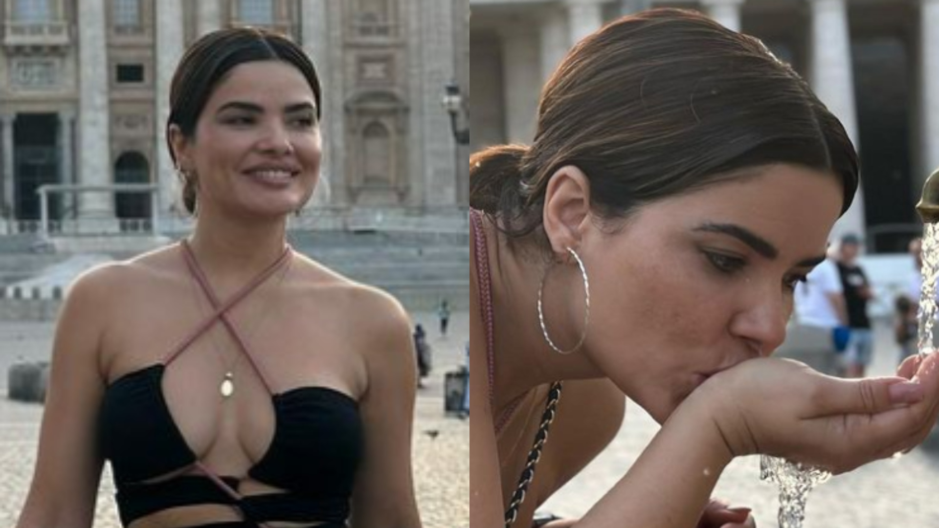 Vanessa Giácomo curte viagem pela Itália e bebe água sagrada do Vaticano