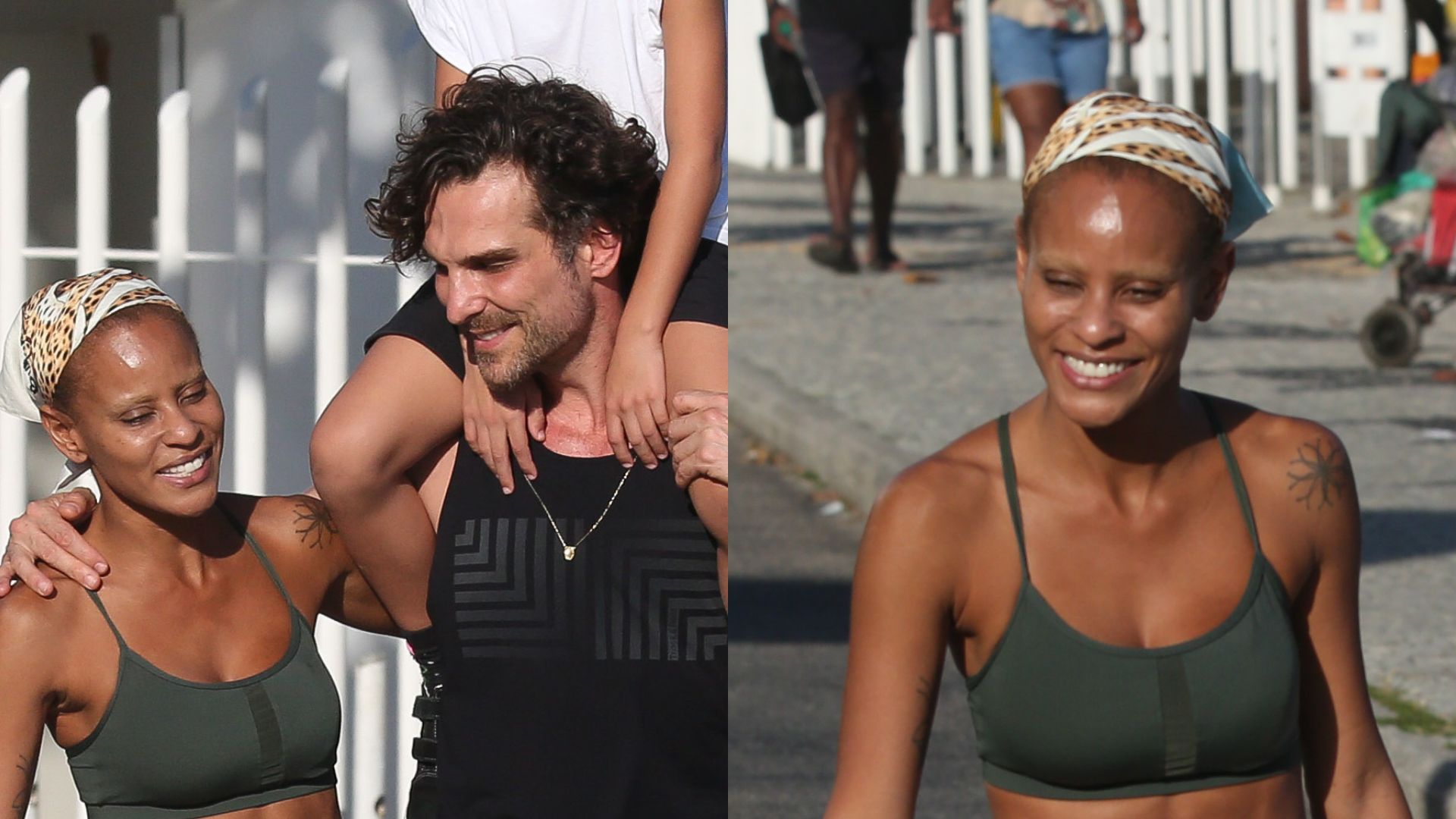 Magérrima, Aline Wirley faz exercícios ao ar livre com a família no Rio
