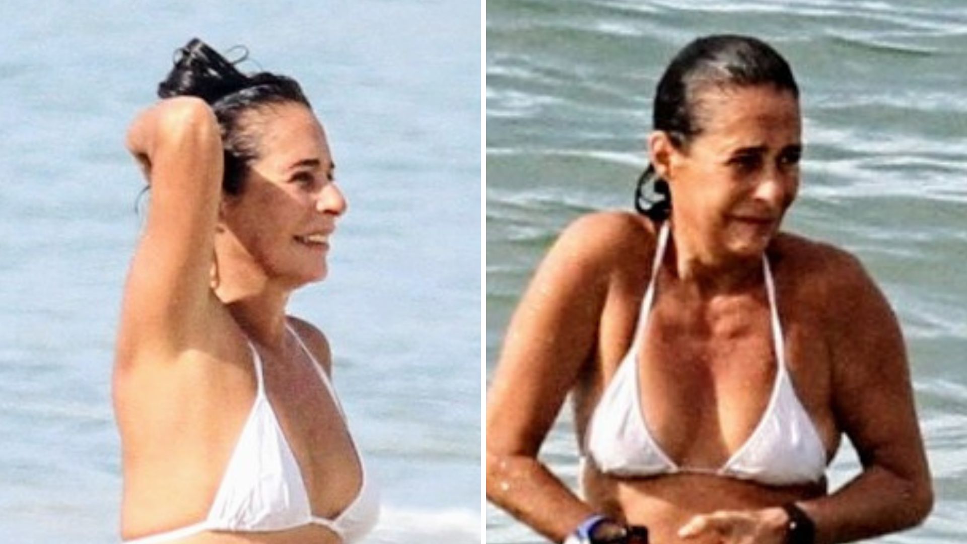 Em flagras na praia, Andréa Beltrão exibe corpo definido usando biquíni minúsculo