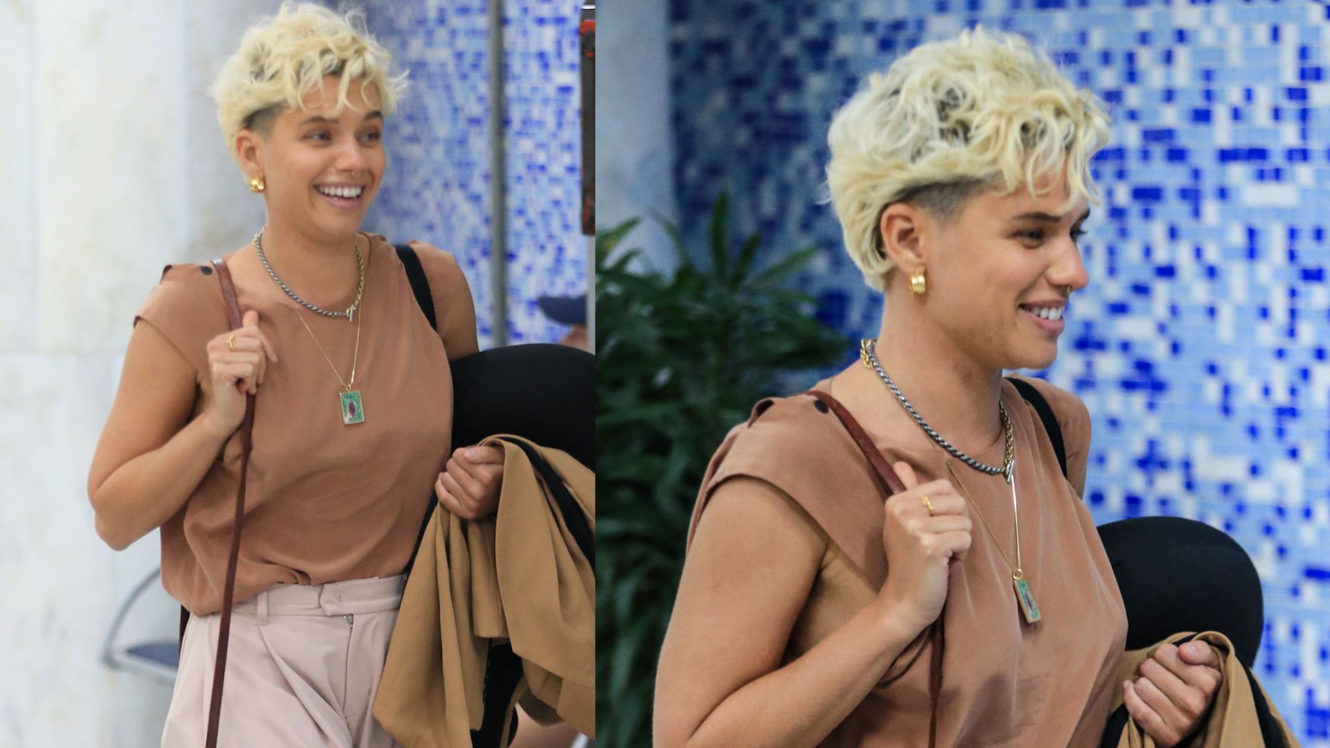 Bruna Linzmeyer dá show de simpatia ao desembarcar em aeroporto do Rio