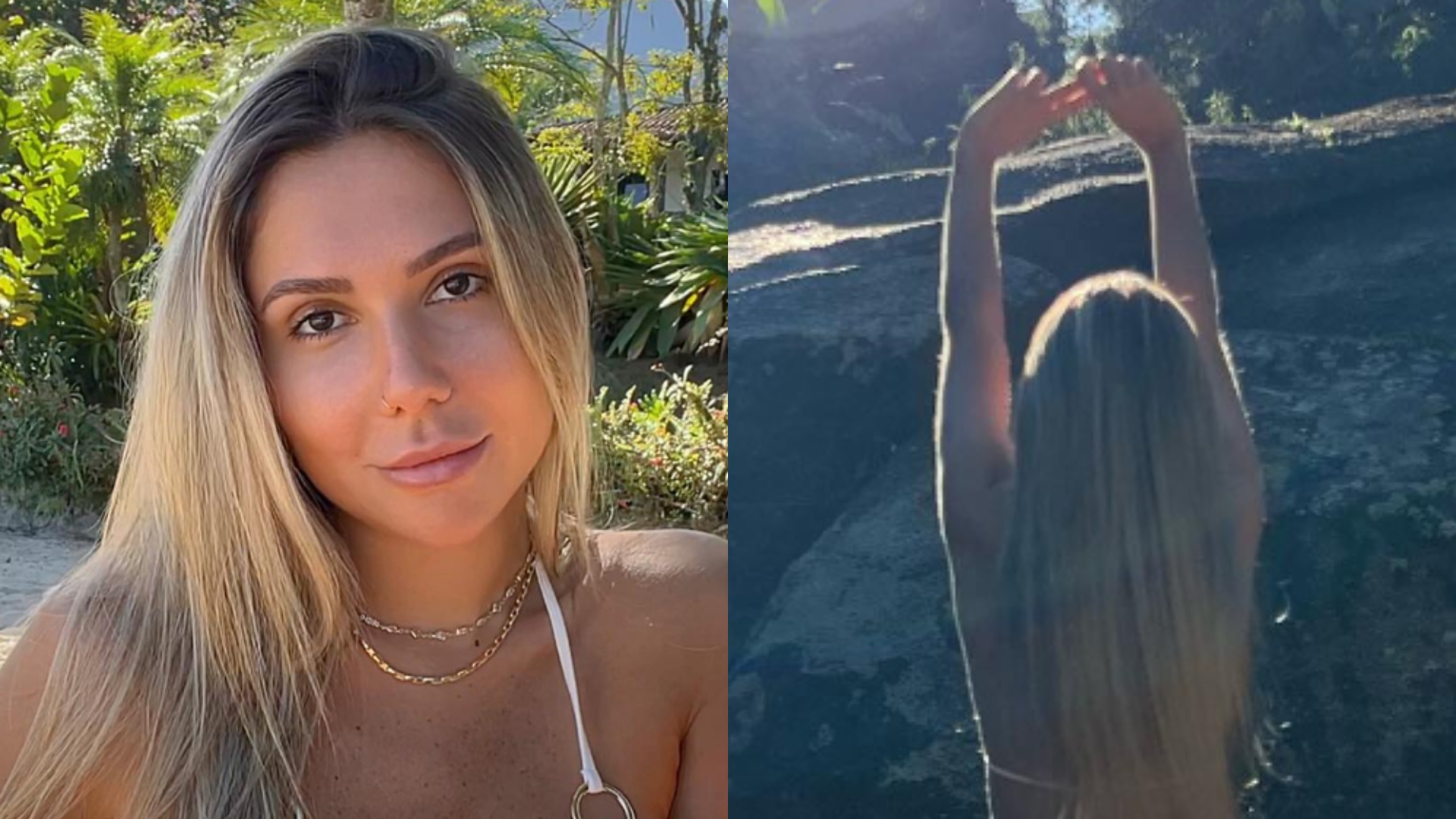 De biquíni branco, Carol Portaluppi ostenta corpo espetacular em cachoeira