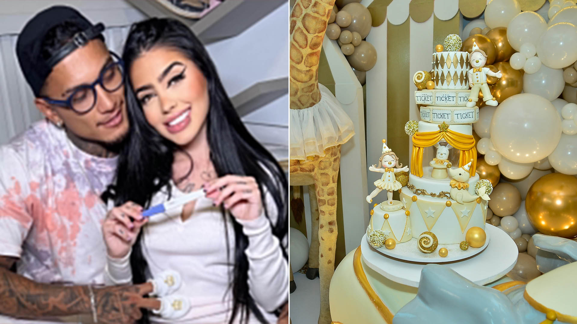 MC Mirella e Dynho Alves exibem a decoração luxuosa para o chá revelação do bebê