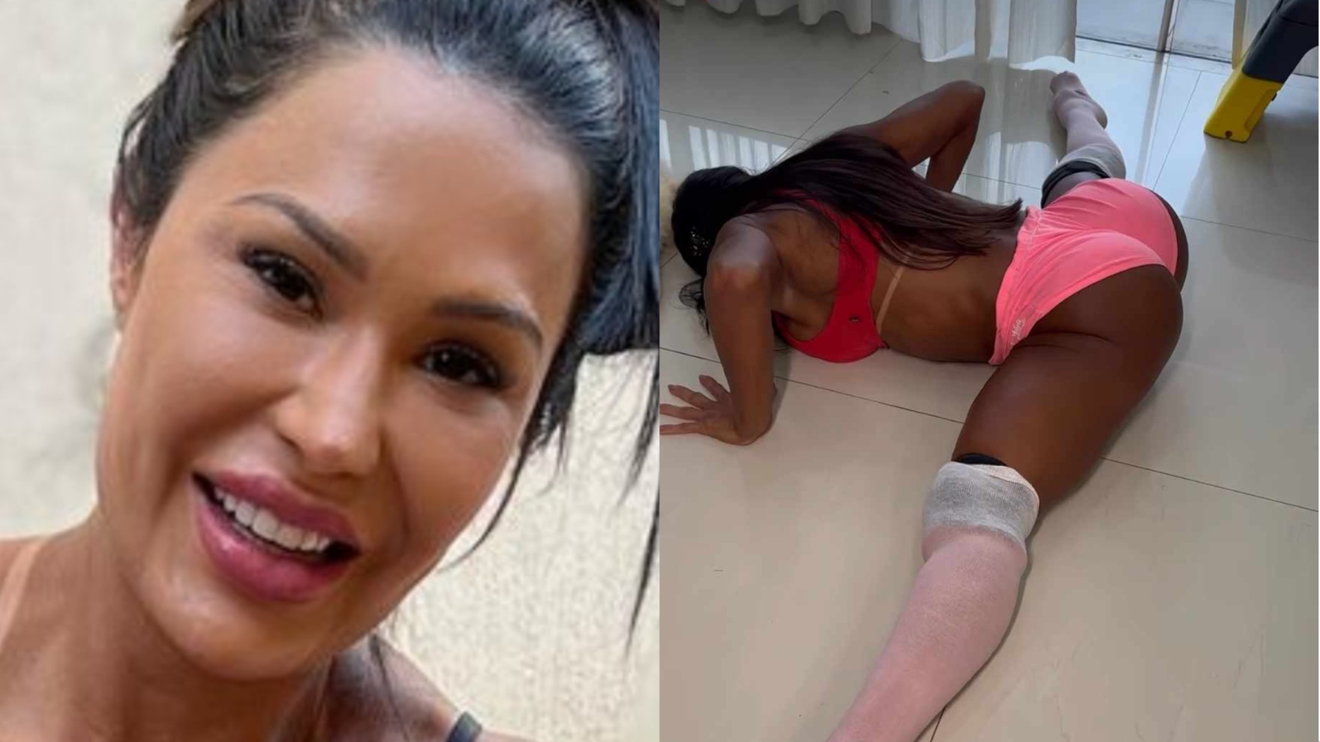 Com seu cachorro, Gracyanne Barbosa faz alongamento: ‘Puxou a mãe’