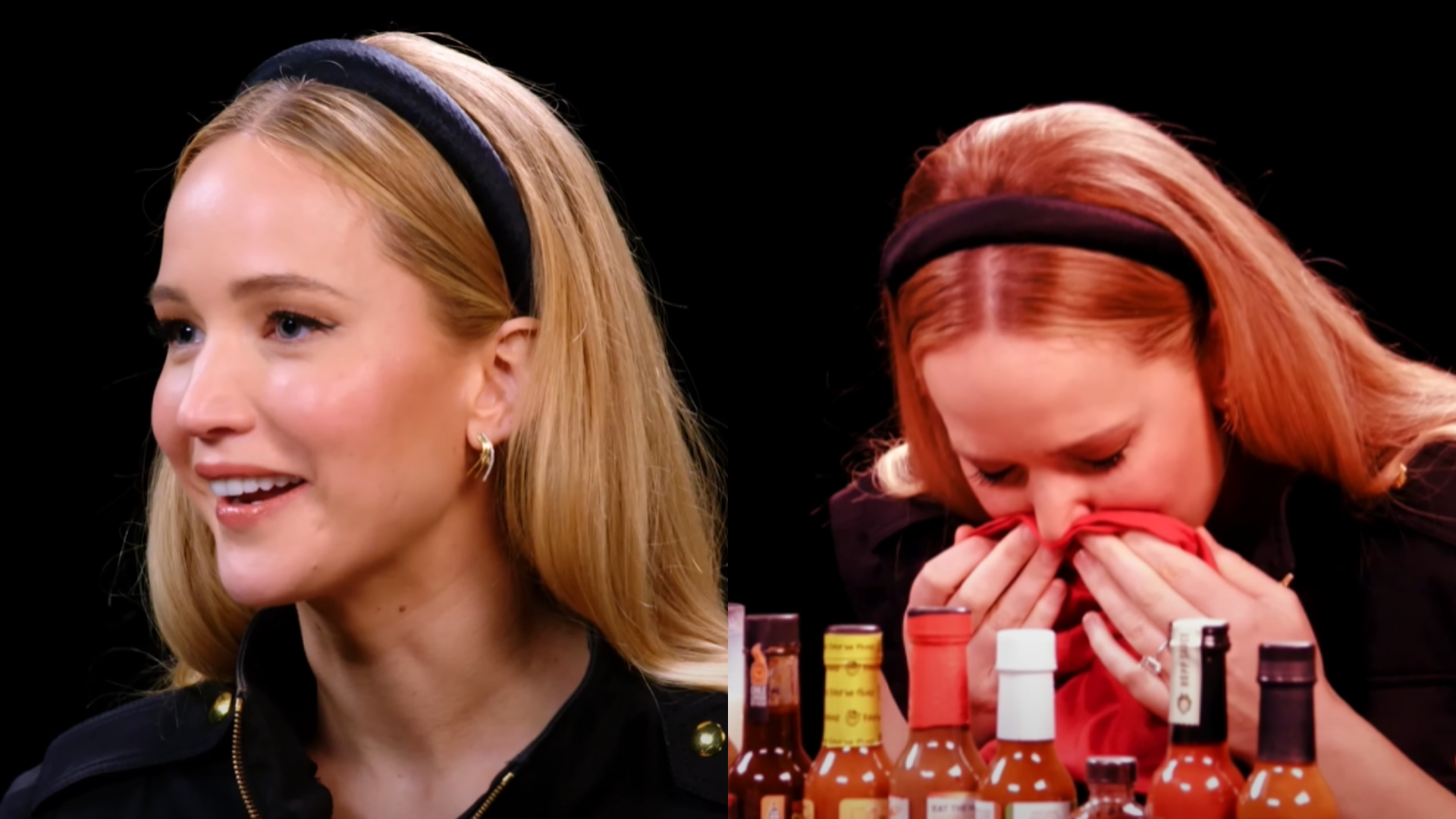 Jennifer Lawrence se desespera em desafio culinário com pimenta e até chora