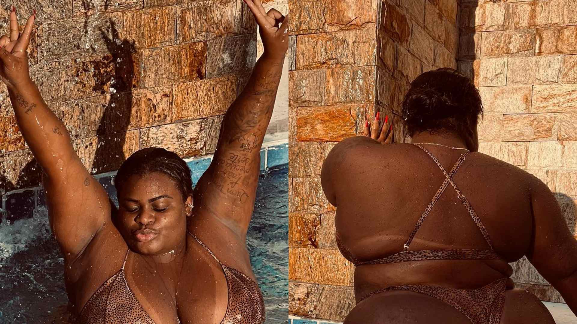 De biquíni fio-dental, Jojo Todynho ostenta corpaço ao curtir dia na piscina