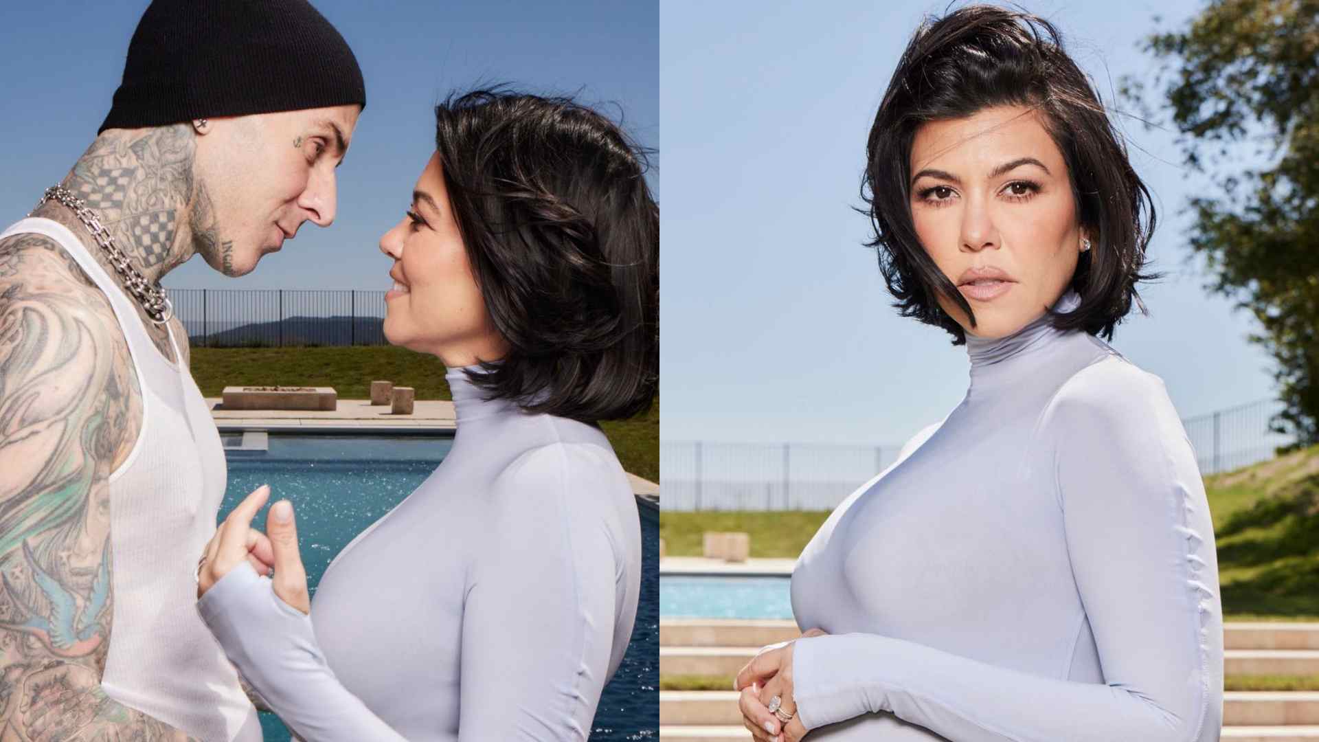Ao lado do marido, Kourtney Kardashian mostra barriga de grávida
