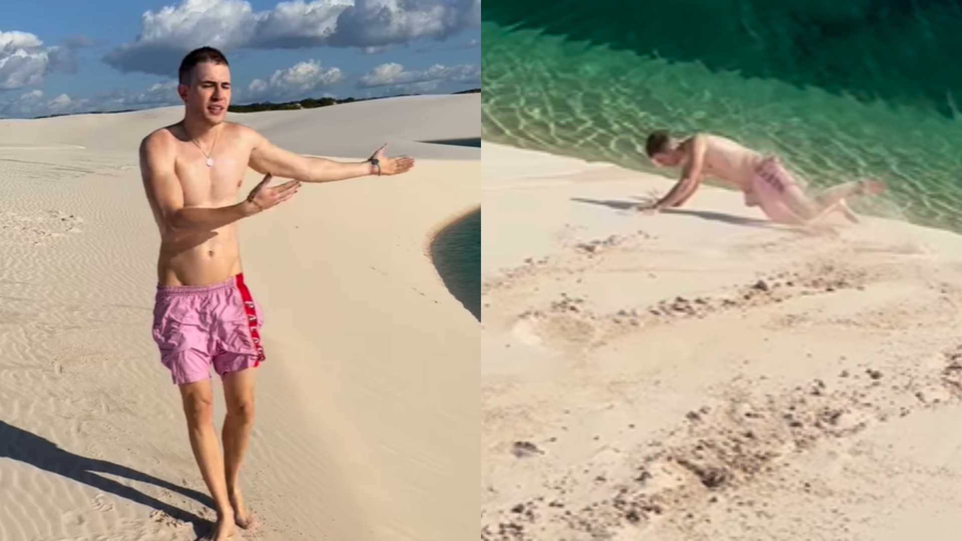Leo Picon simula queda nos Lençóis Maranhenses e internautas comparam com atuação de Jade