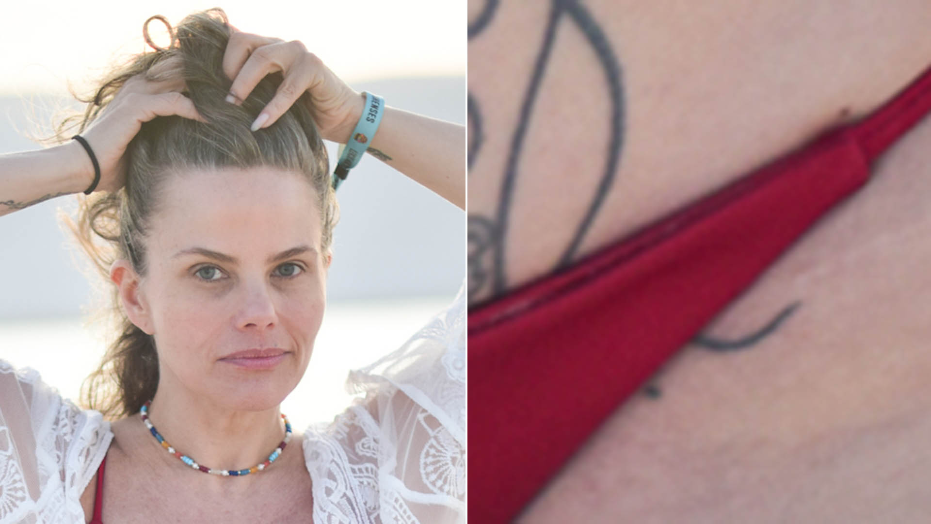 De biquíni, Maria Cândida exibe tatuagem na virilha
