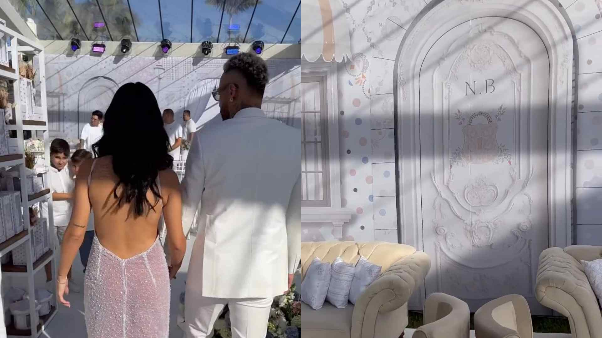 Chá revelação: Neymar e Bruna Biancardi chegam de mãos dadas e mostram detalhes da festa
