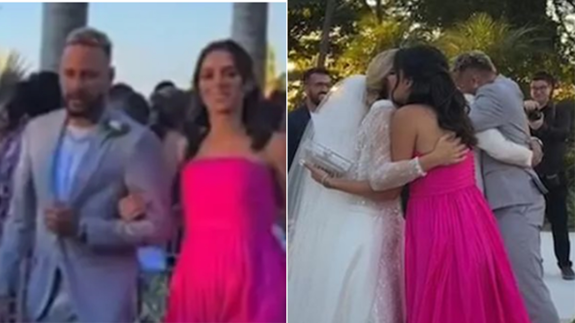 Com vestido pink, Bruna Biancardi surge com Neymar Jr no casamento do ‘parça’ Cris Guedes