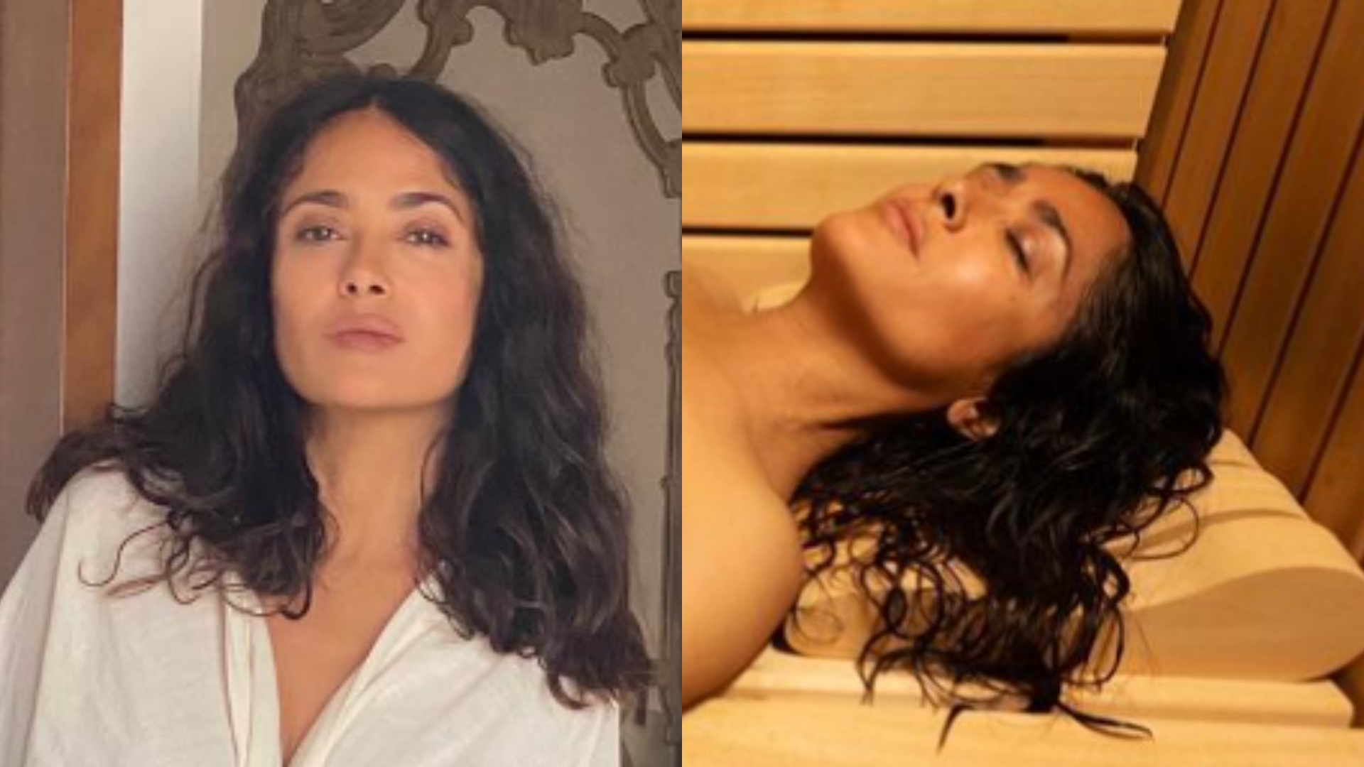 Nua, Salma Hayek cobre apenas o necessário durante sauna e deixa internautas babando