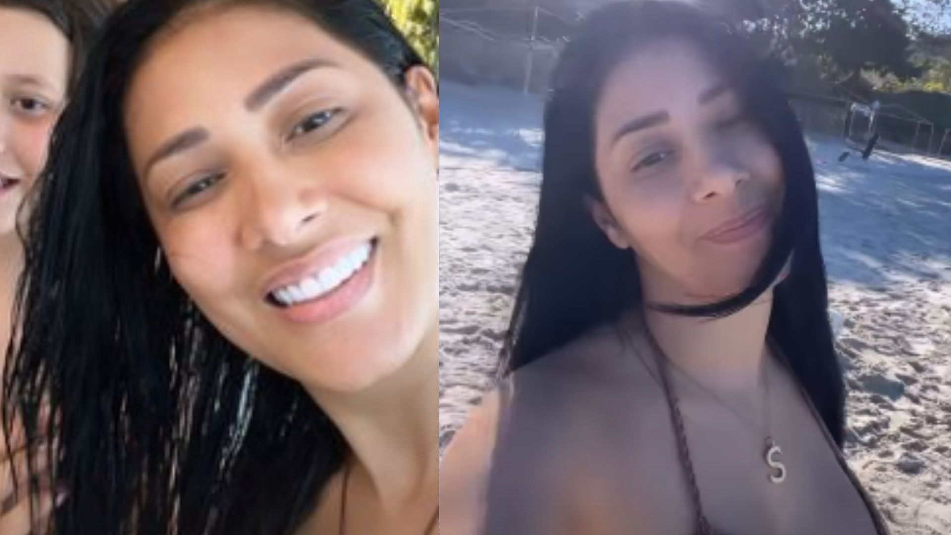 De biquíni, Simaria exibe a barriga reta na praia