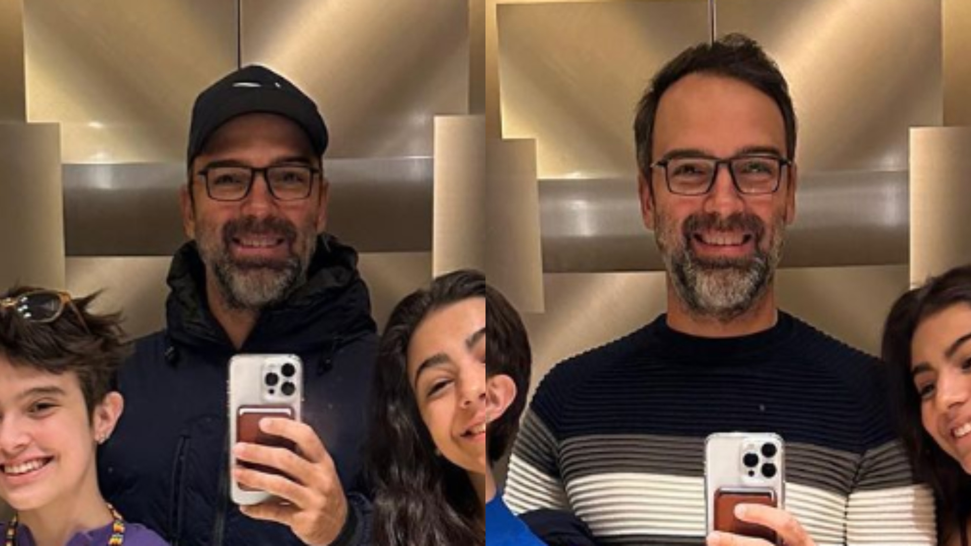 Tadeu Schmidt brinca em fotos no espelho do elevador com a família: ‘Look do dia?’
