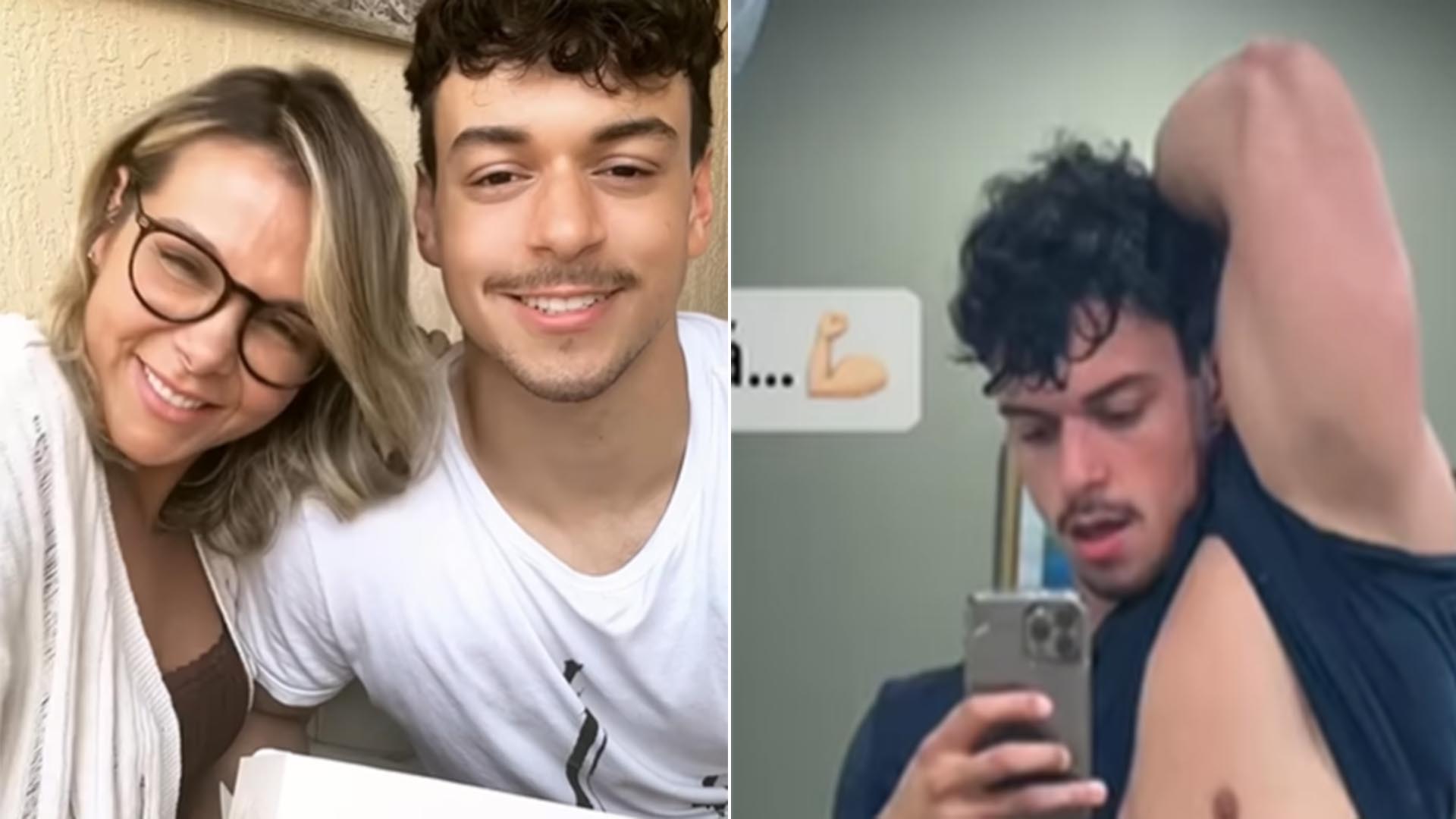 Musculoso, filho de Carla Perez levanta a camisa para mostrar seu abdômen definido
