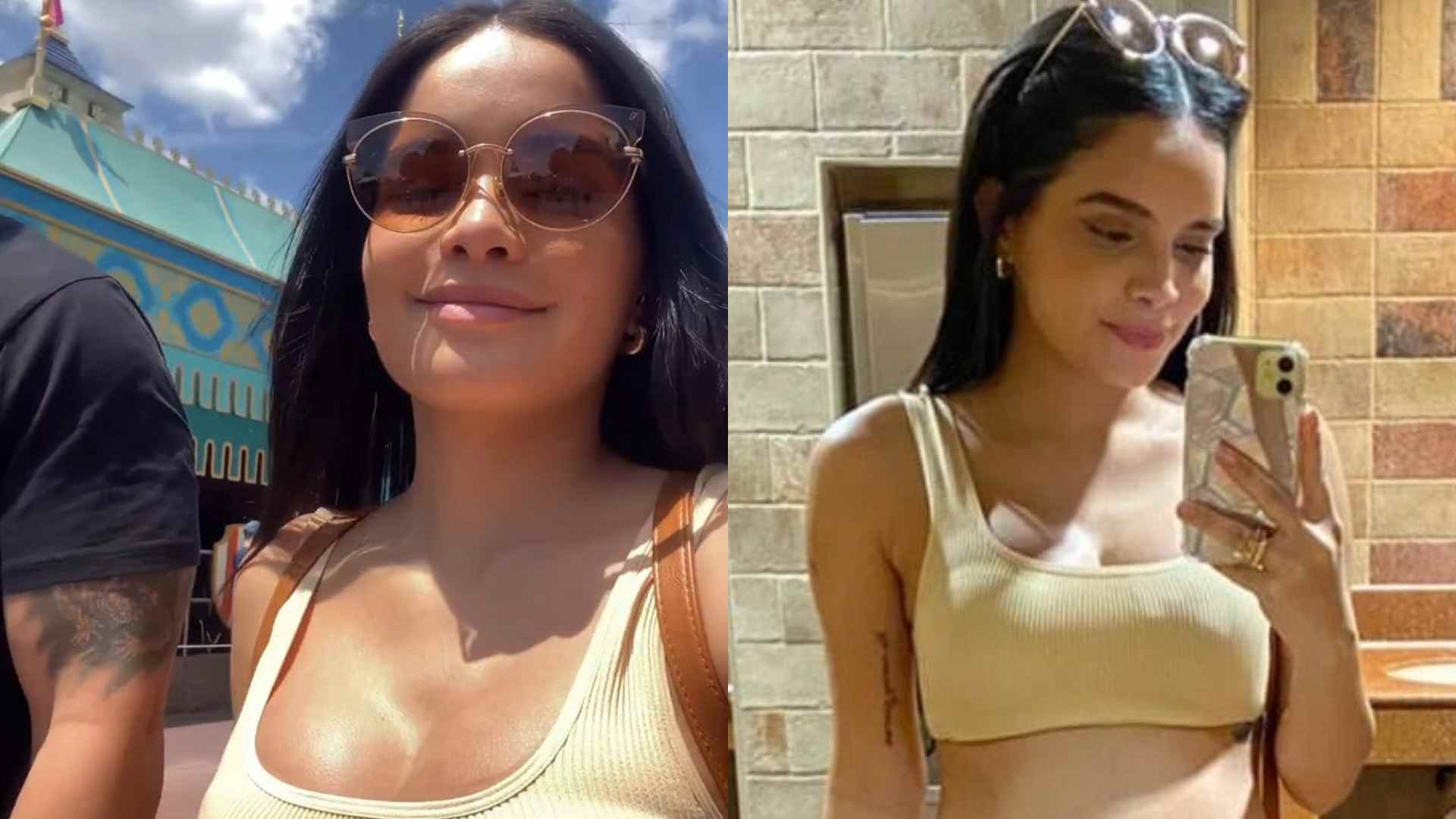 De top e shorts, Carol Macedo exibe barriguinha de grávida durante passeio em parque de diversões