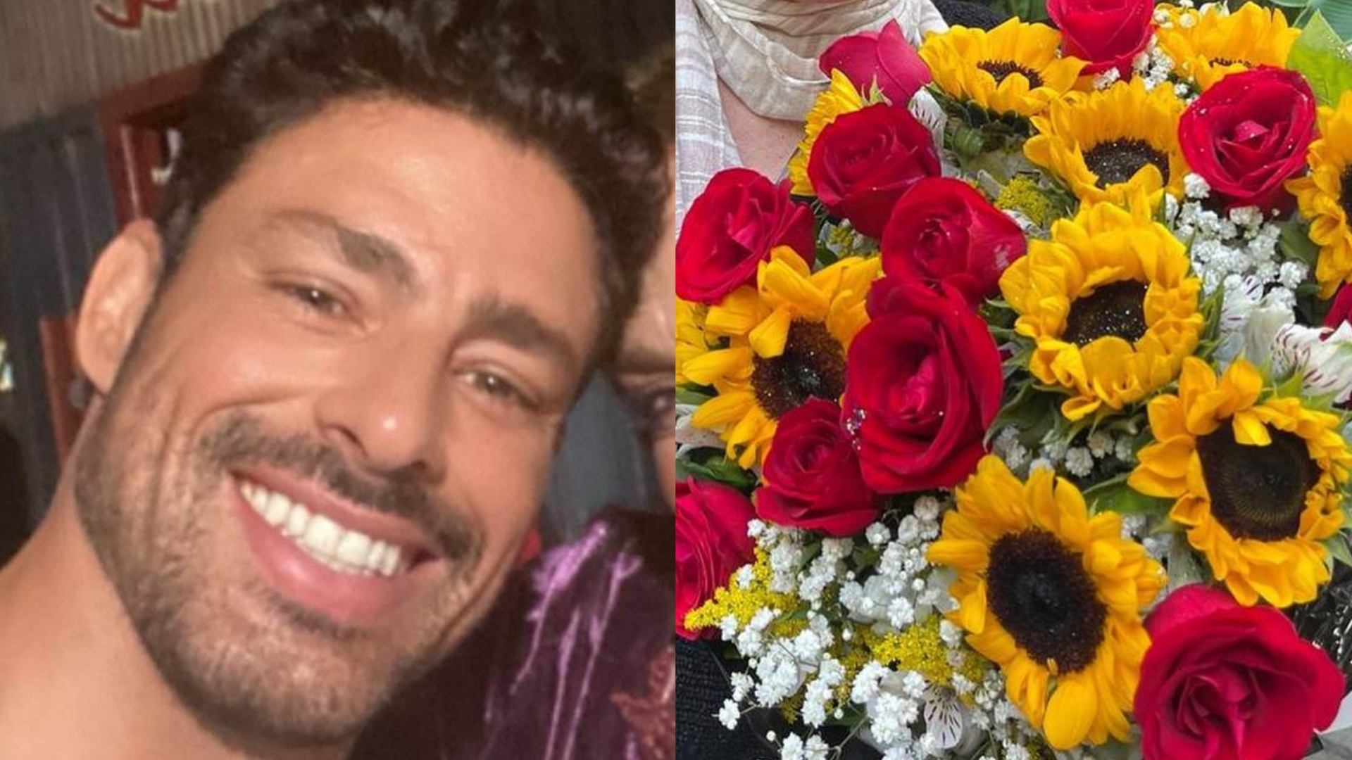 Cauã Reymond presenteia atriz com flores: ”Amor da minha vida”