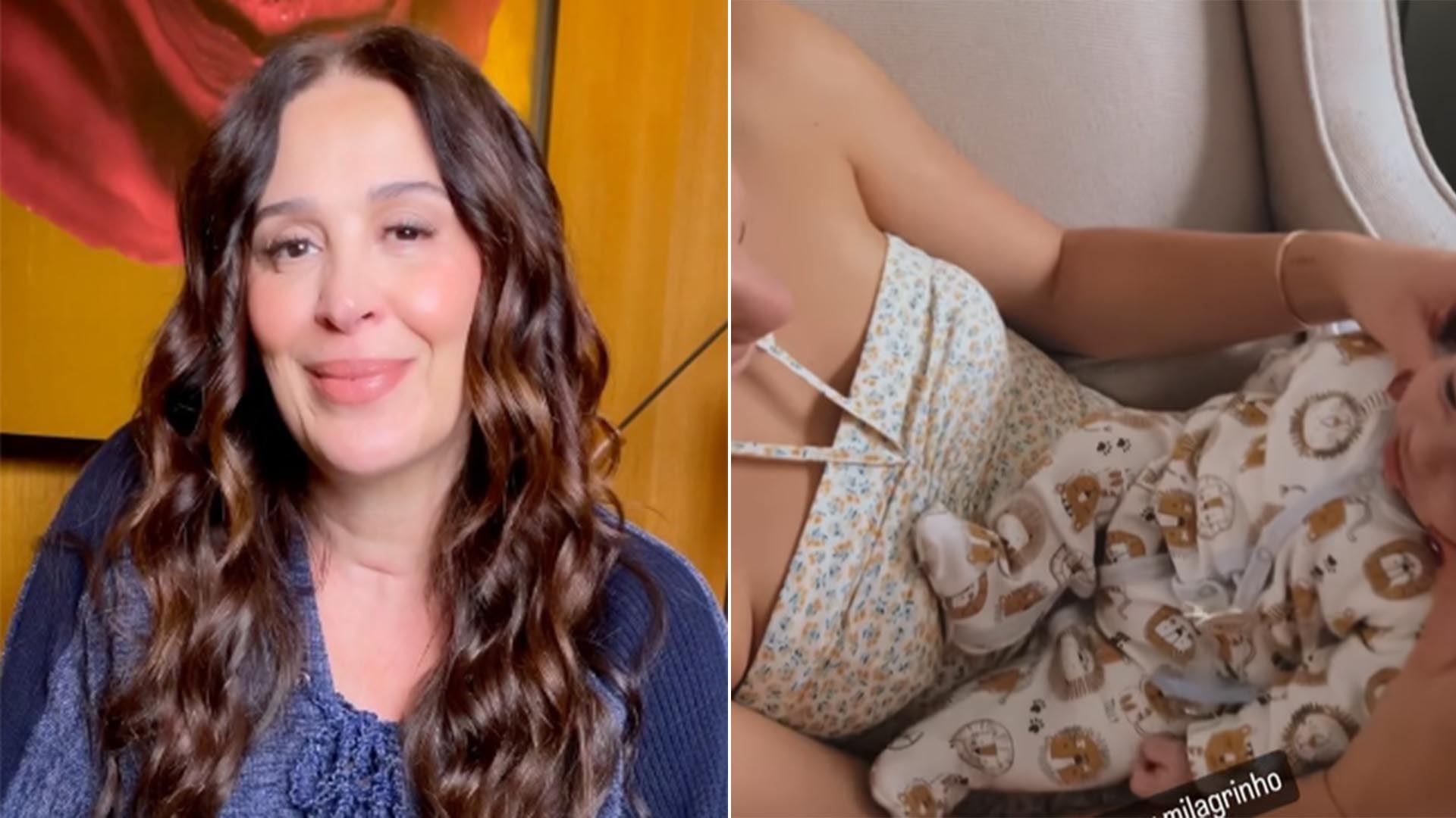 Claudia Raia mostra a filha, Sophia, fazendo carinho no irmão caçula, Luca