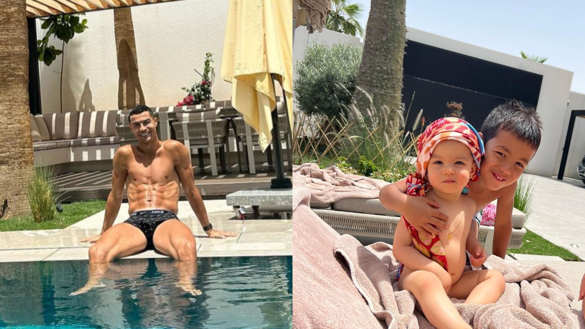 Cristiano Ronaldo exibe boa forma ao curtir piscina da mansão milionária com a família