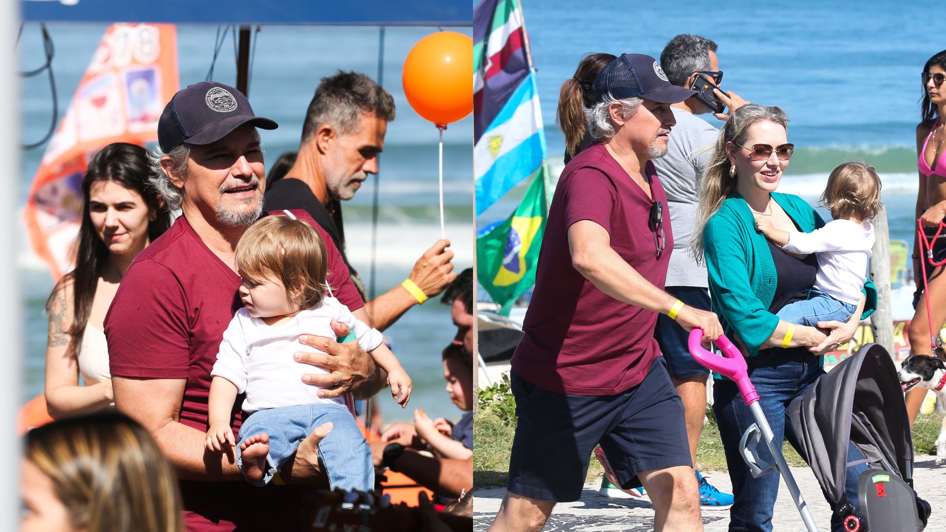 Edson Celulari curte tarde de diversão à beira-mar com a esposa e a filha