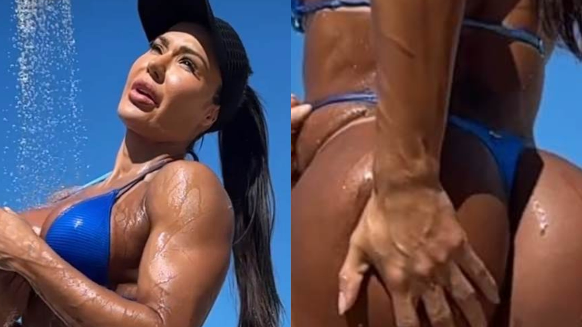 De biquíni mínimo, Gracyanne Barbosa deixa escapar bumbum GG: ‘É uma máquina’