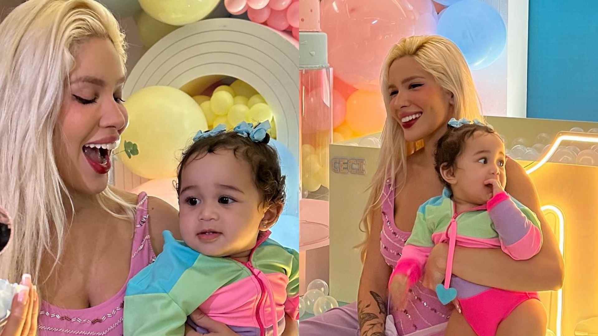 De maiô rosa, Karoline Lima comemora mesversário da filha com festa temática