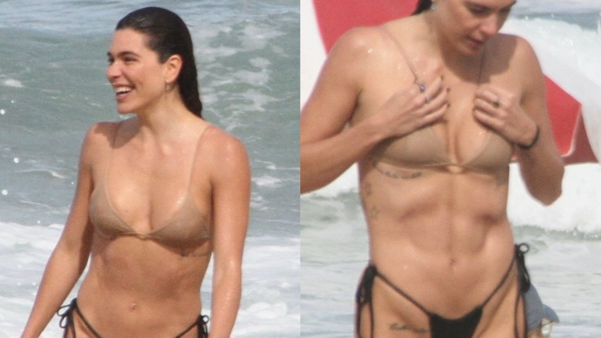 De biquíni fininho, Mariana Goldfarb exibe corpaço mega sarado na praia