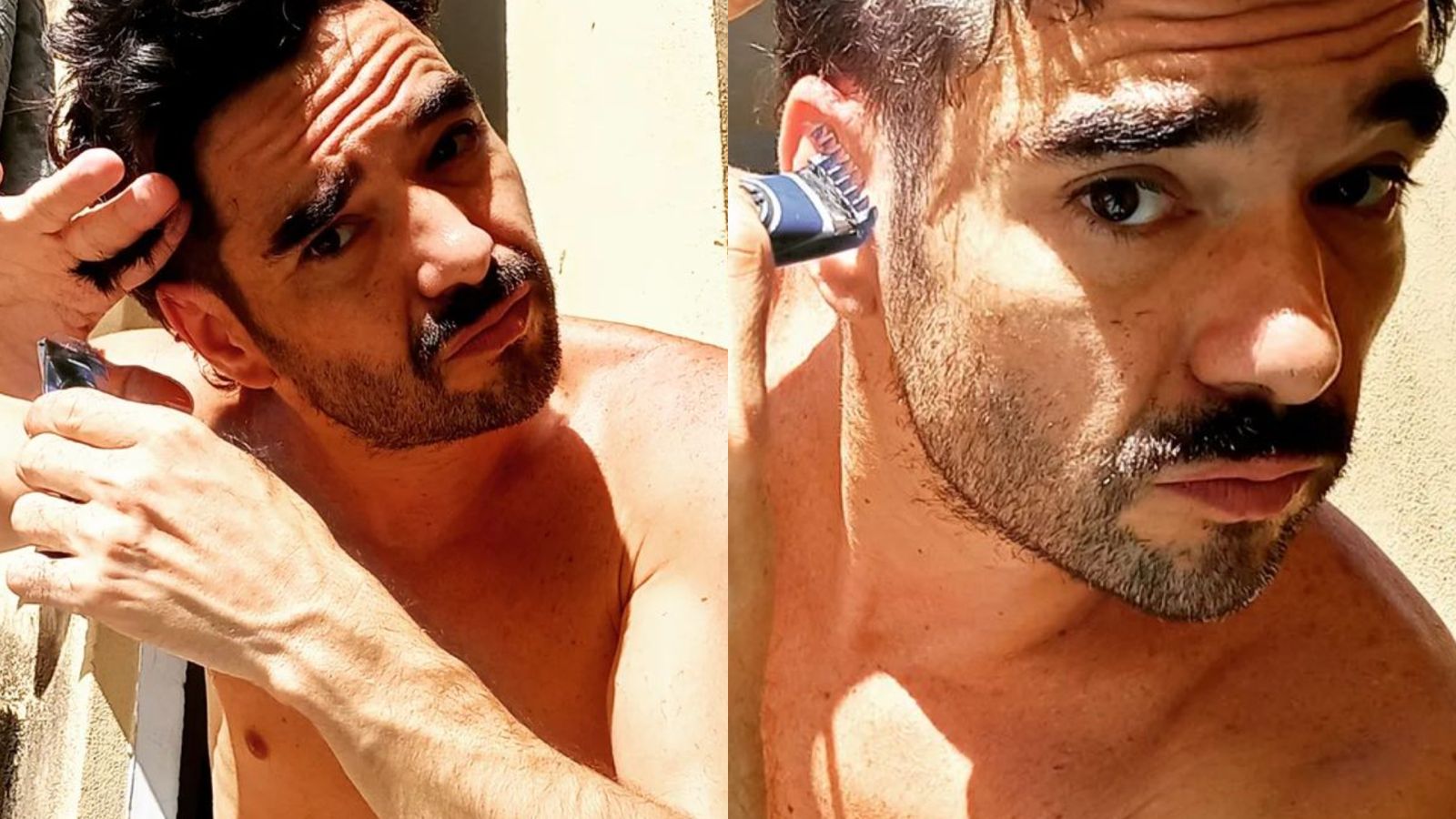 Sem camisa, Caio Blat corta o próprio cabelo e convida: “Voluntários”
