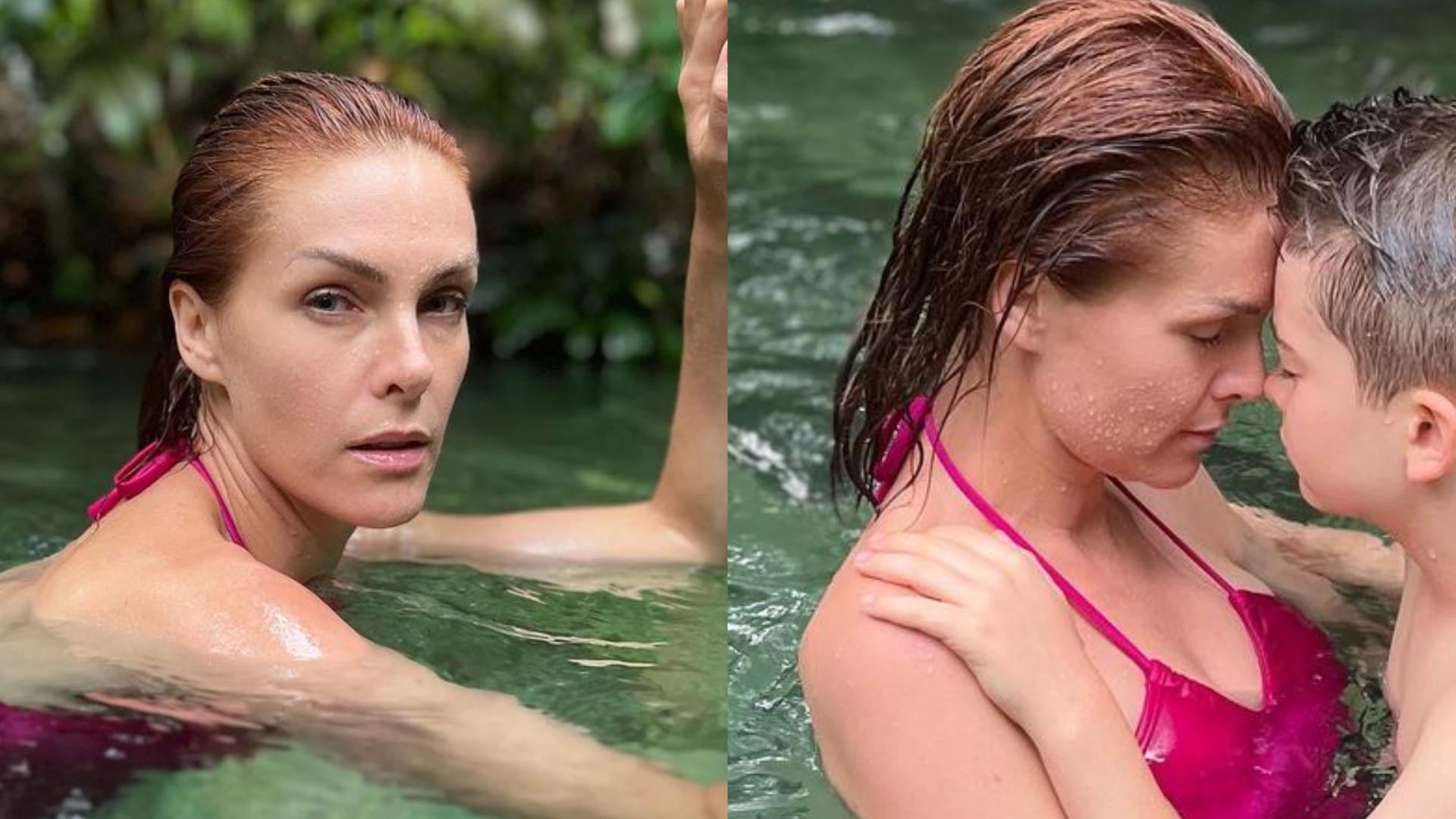 De maiô, Ana Hickmann curte cachoeira com o filho no Jalapão e brinca: ”Haja perna!”