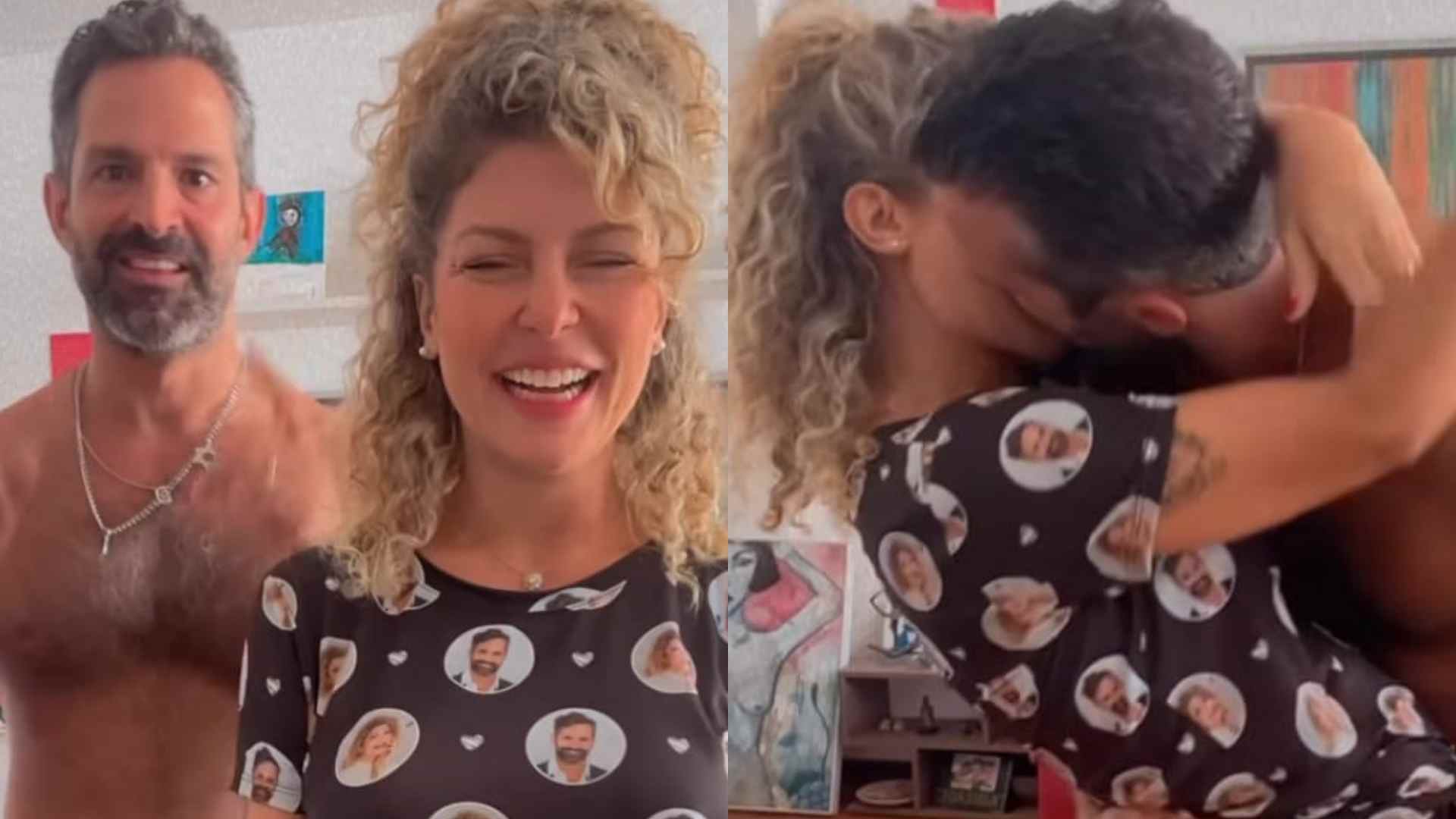 Bárbara Borges e Iran Malfitano usam pijama com fotos do casal e dão beijão apaixonado