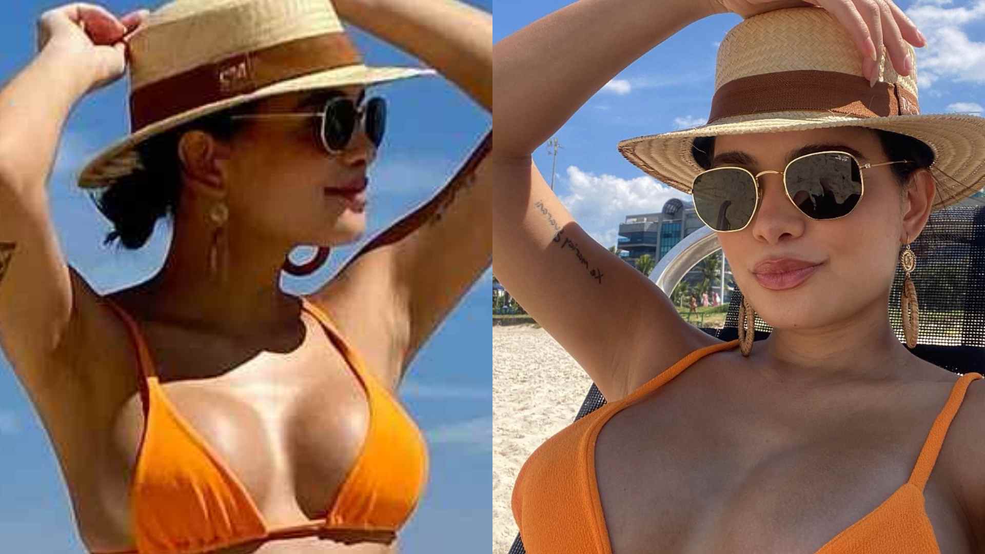 À espera do primeiro filho, Carol Macedo surge de biquíni e mostra a barriguinha grávida em dia de praia