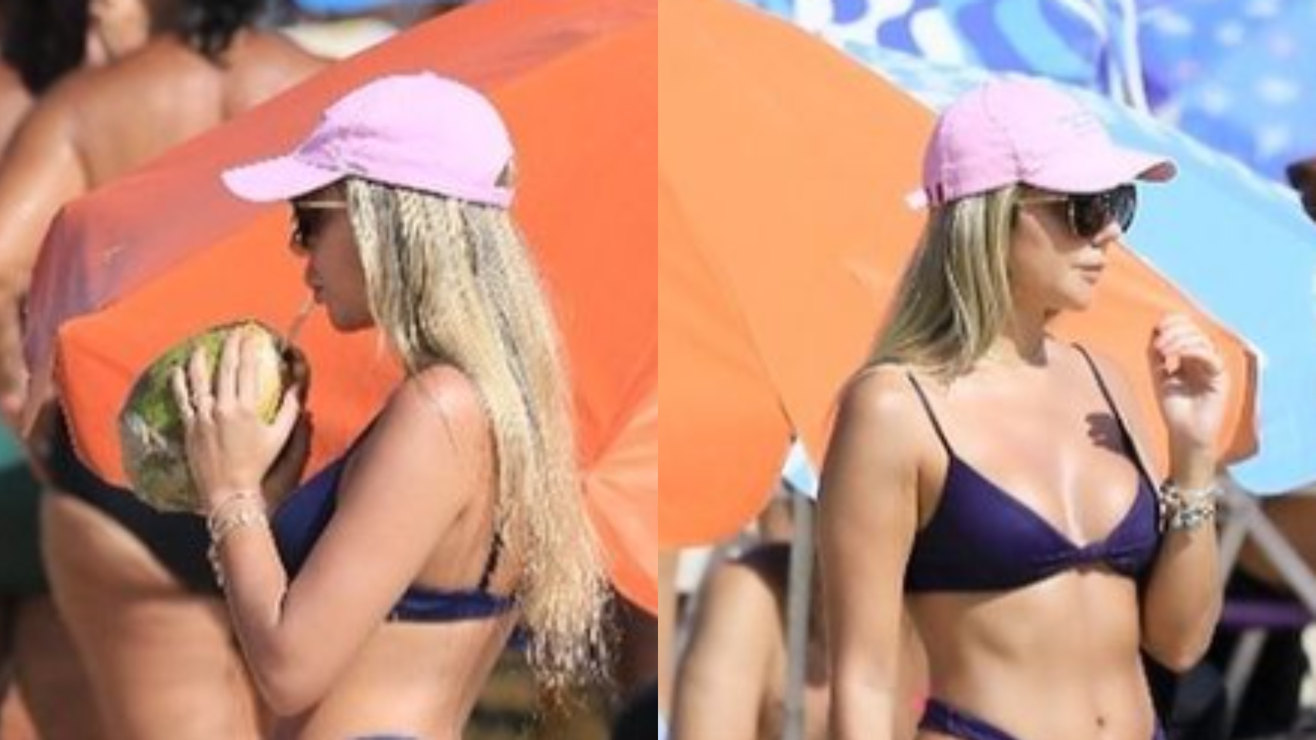 De biquíni, Carol Portaluppi ostenta corpão escultural ao tomar água de coco na praia