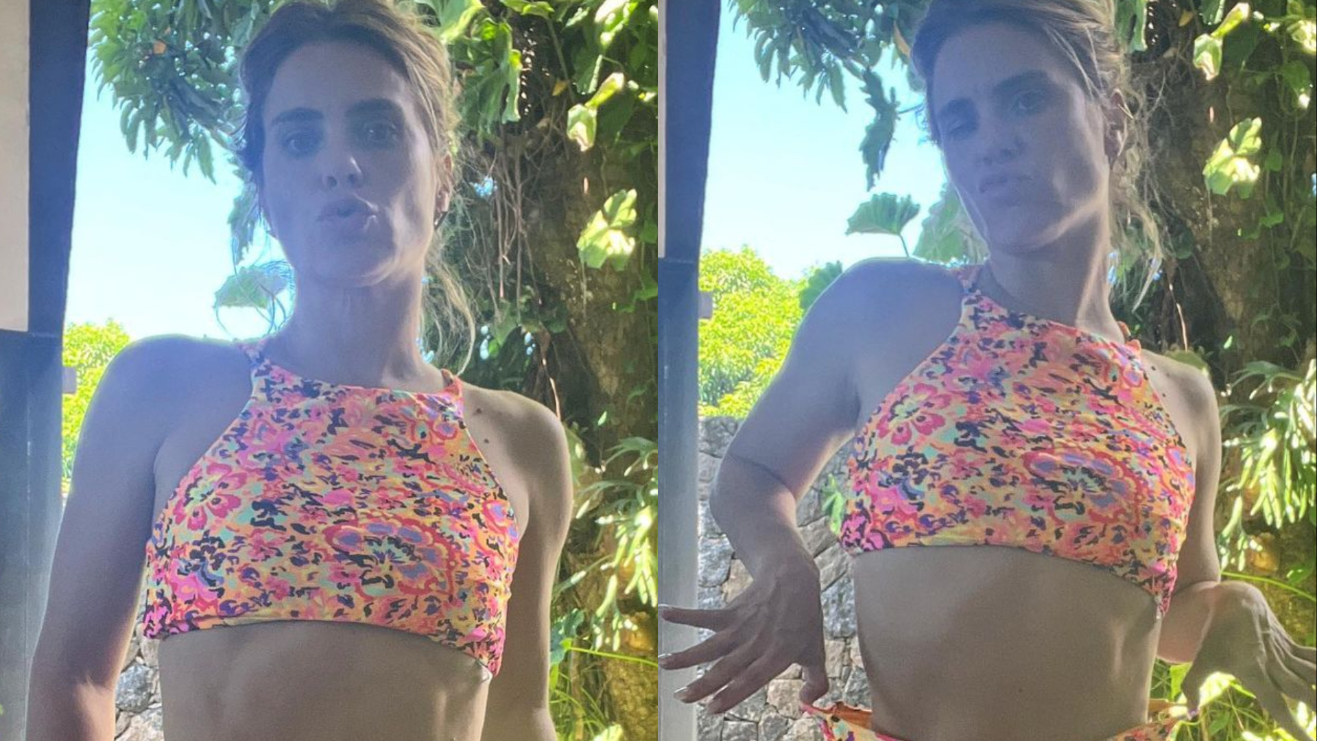 Carolina Dieckmann ostenta barriga sarada ao puxar o biquíni: ”Dou um jeitinho”