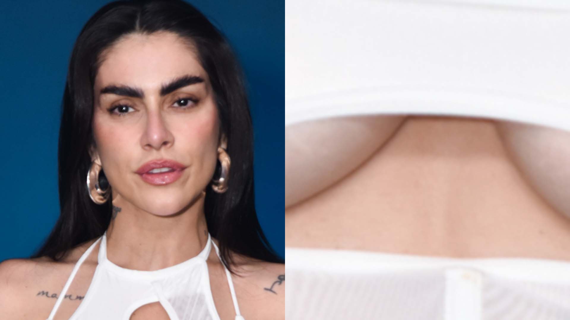Cleo quase mostra demais ao apostar em decote invertido