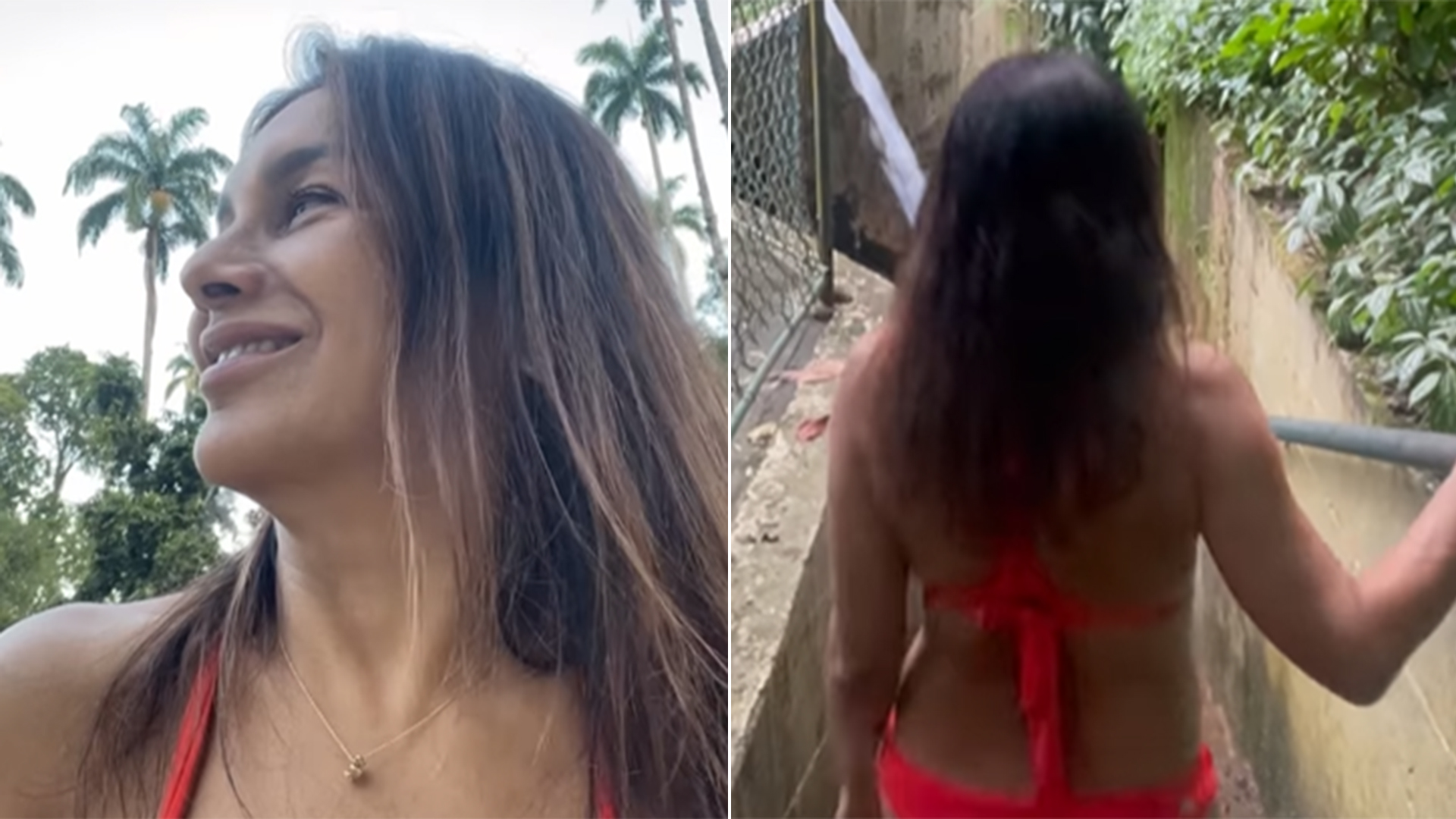 De biquíni vermelho, Dira Paes ostenta boa forma em dia ao ar livre