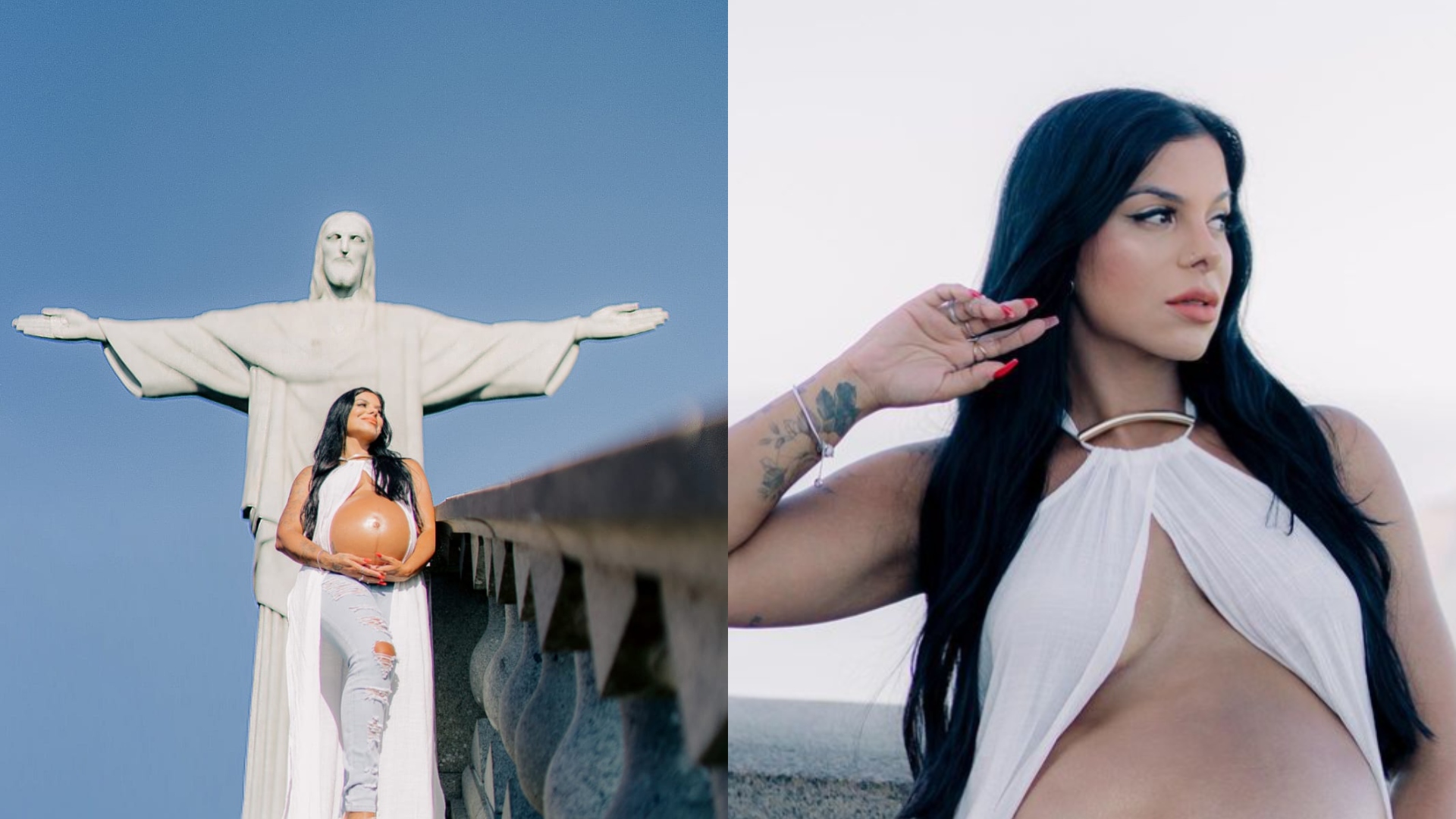 Gravidíssima, Evelyn Regly celebra 8 meses de gravidez no Santuário Cristo Redentor