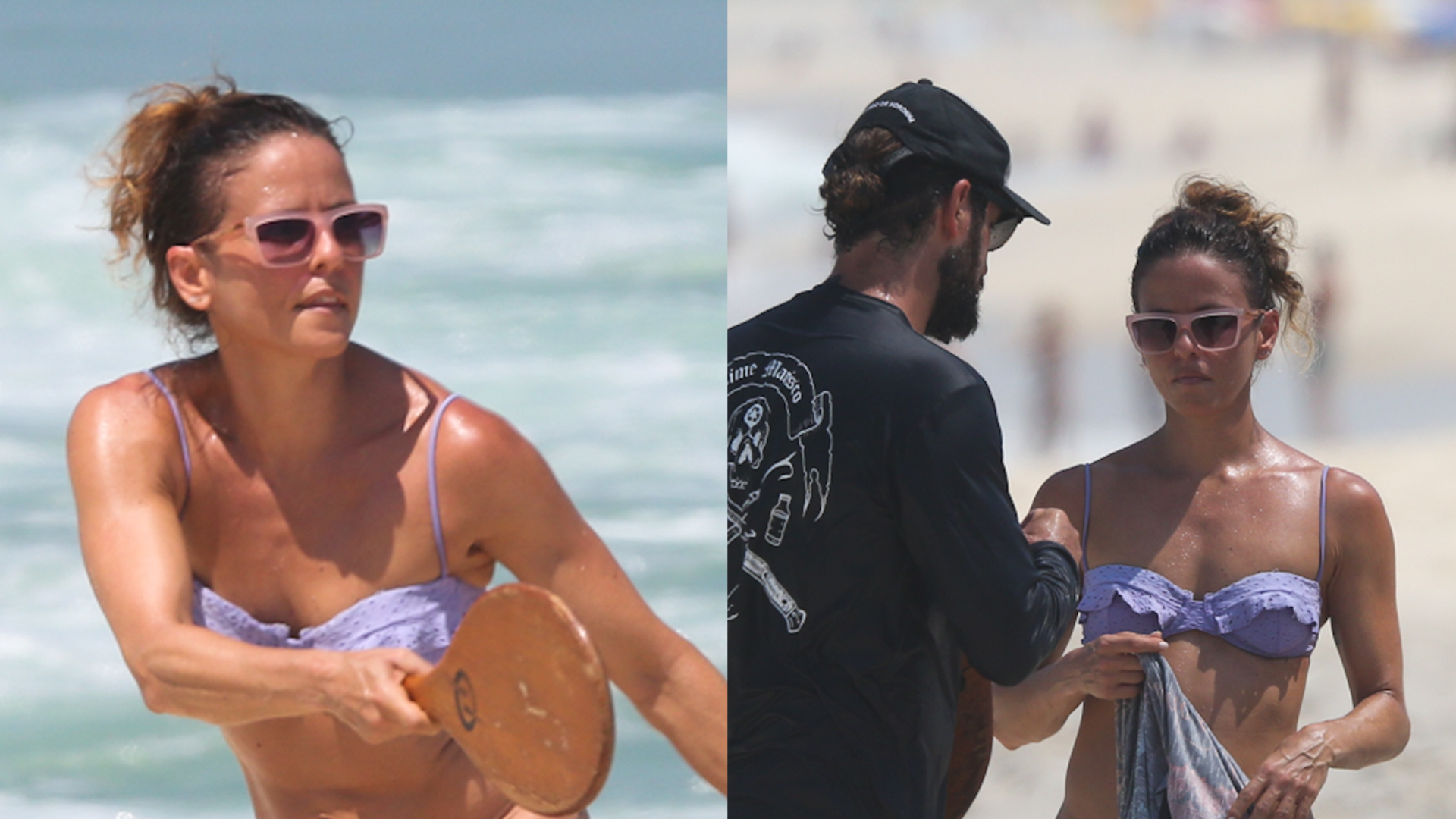 De biquíni, Fernanda de Freitas joga frescobol em praia do Rio com o marido
