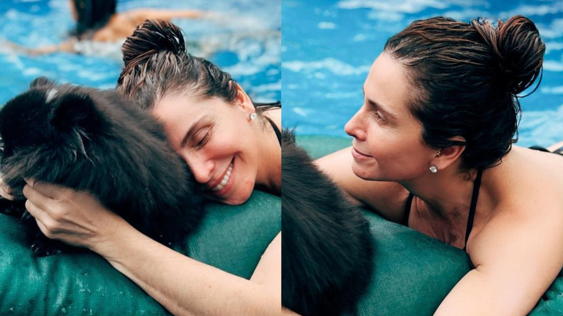Giovanna Antonelli esbanja beleza natural ao posar na piscina com cachorrinha: ”Uma sereia”