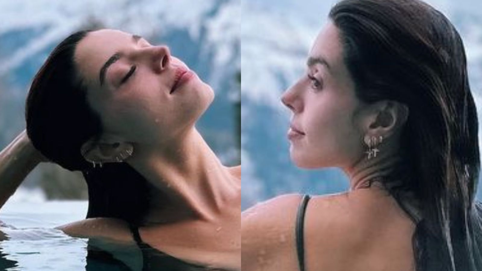 De biquíni, Giovanna Lancellotti arranca suspiros em piscina em meio à neve
