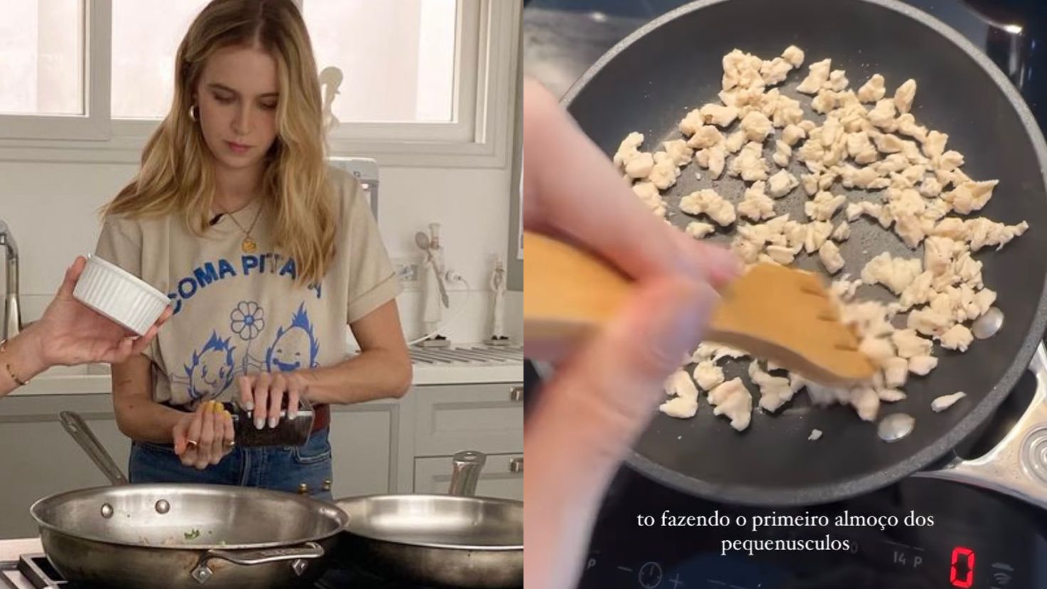 Isabella Scherer mostra os gêmeos fazendo careta ao provar comida sólida pela primeira vez