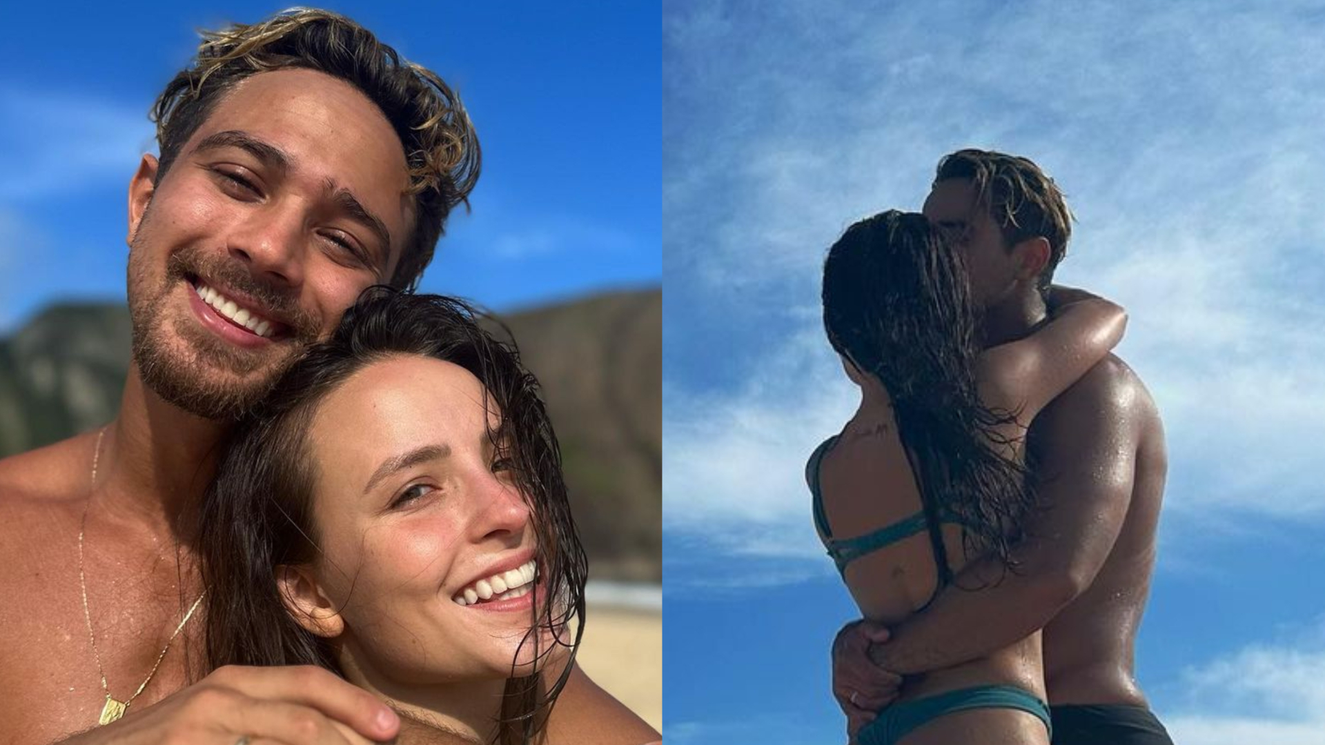 Larissa Manoela surge em cliques românticos com o noivo, André Luiz Frambach, em praia do Rio