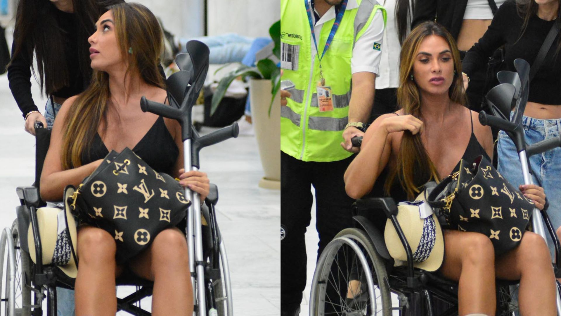 Nicole Bahls desembarca no Rio em cadeira de rodas após sofrer acidente: ‘Não passou a dor’