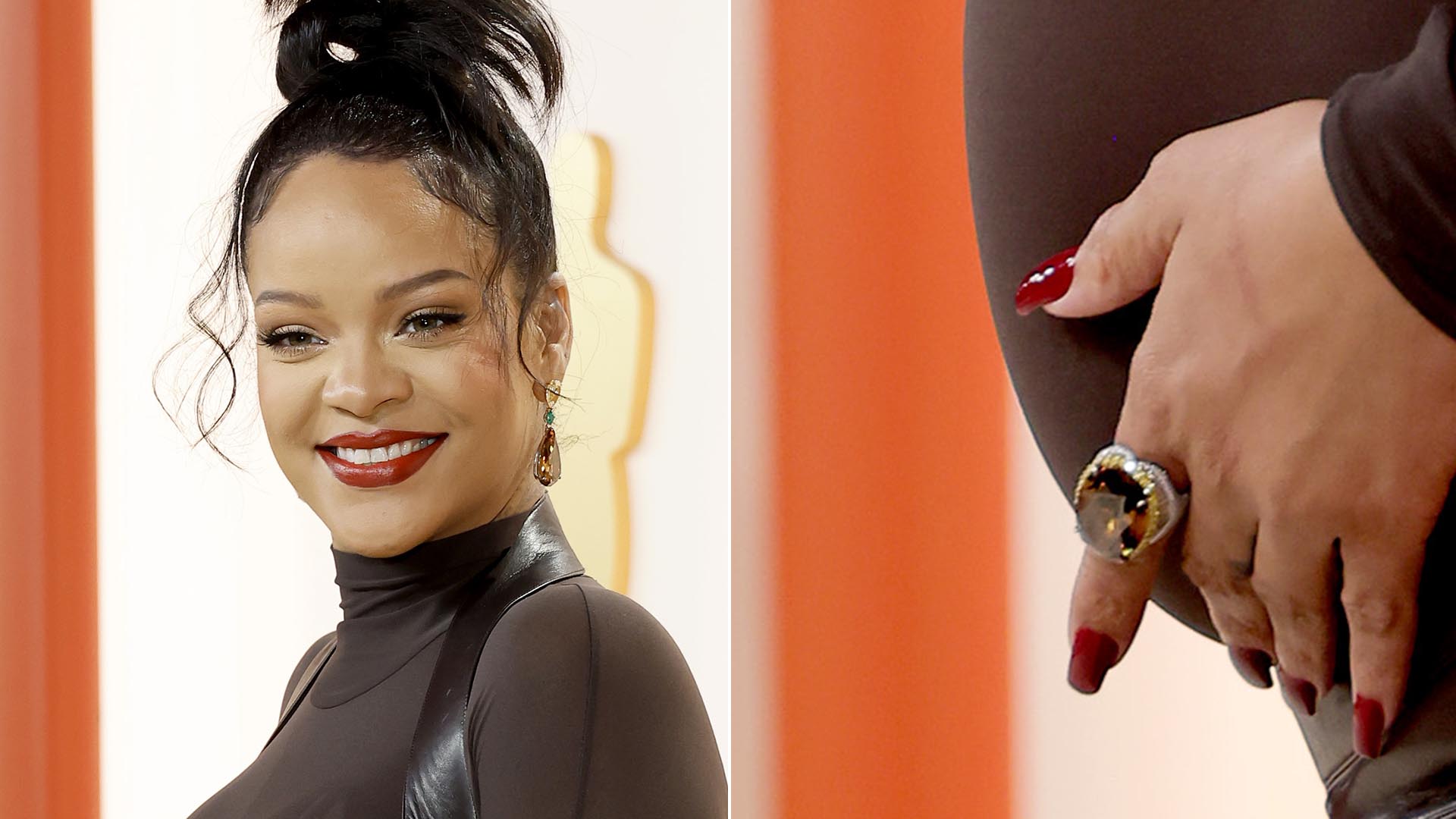 Grávida pela segunda vez, Rihanna destaca sua barriguinha em look transparente no Oscar 2023