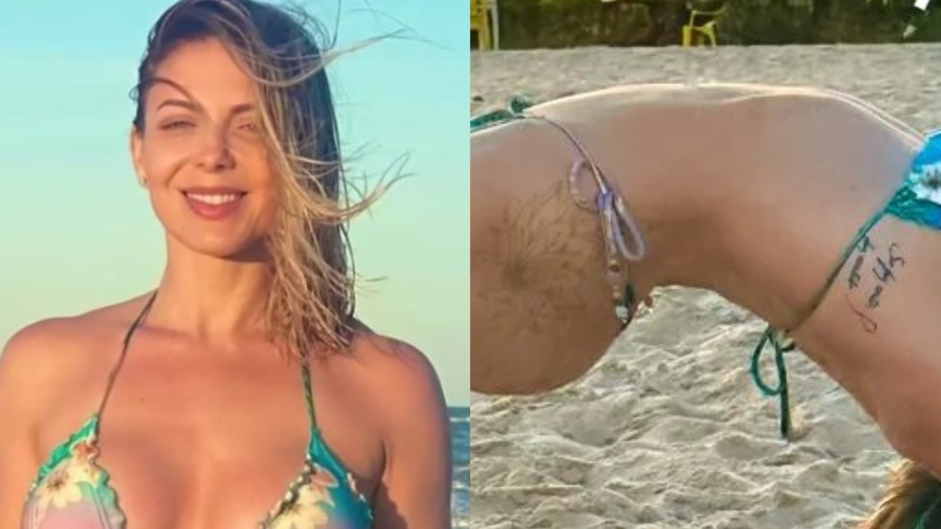 De biquíni, Sheila Mello contorce corpaço na areia e choca: ”Contorcionista”
