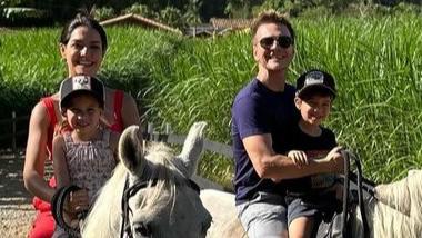 Thais Fersoza e Michel Teló aproveitam dia ensolarado para passeio com os filhos
